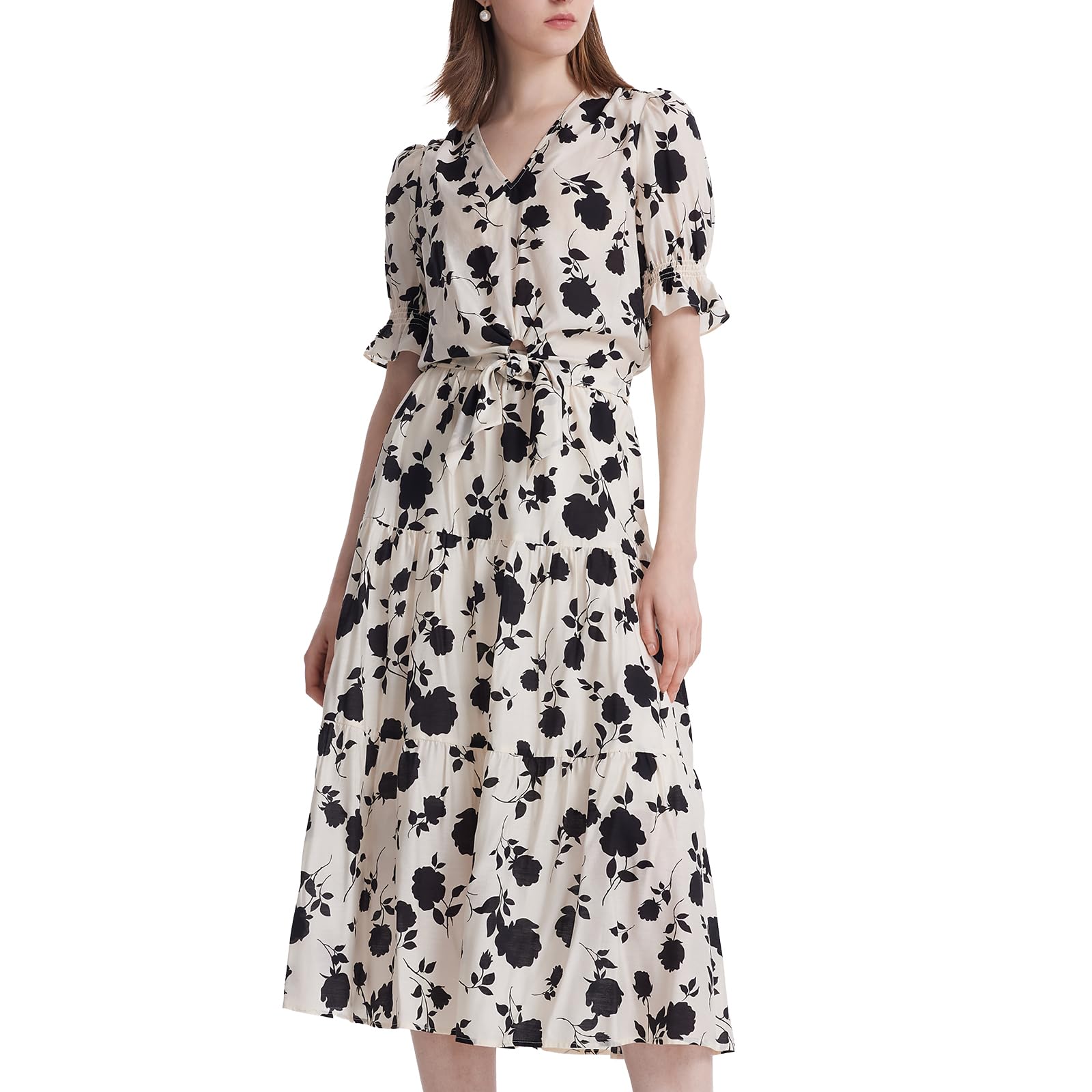 2 Piece Skirt Sets for Women - Classic Business Outfits with Puff Sleeve V-Neck Blouse & Maxi Skirt | Rose Printed Acetate Fabric | Office Wear, Formal Occasions & Professional Events