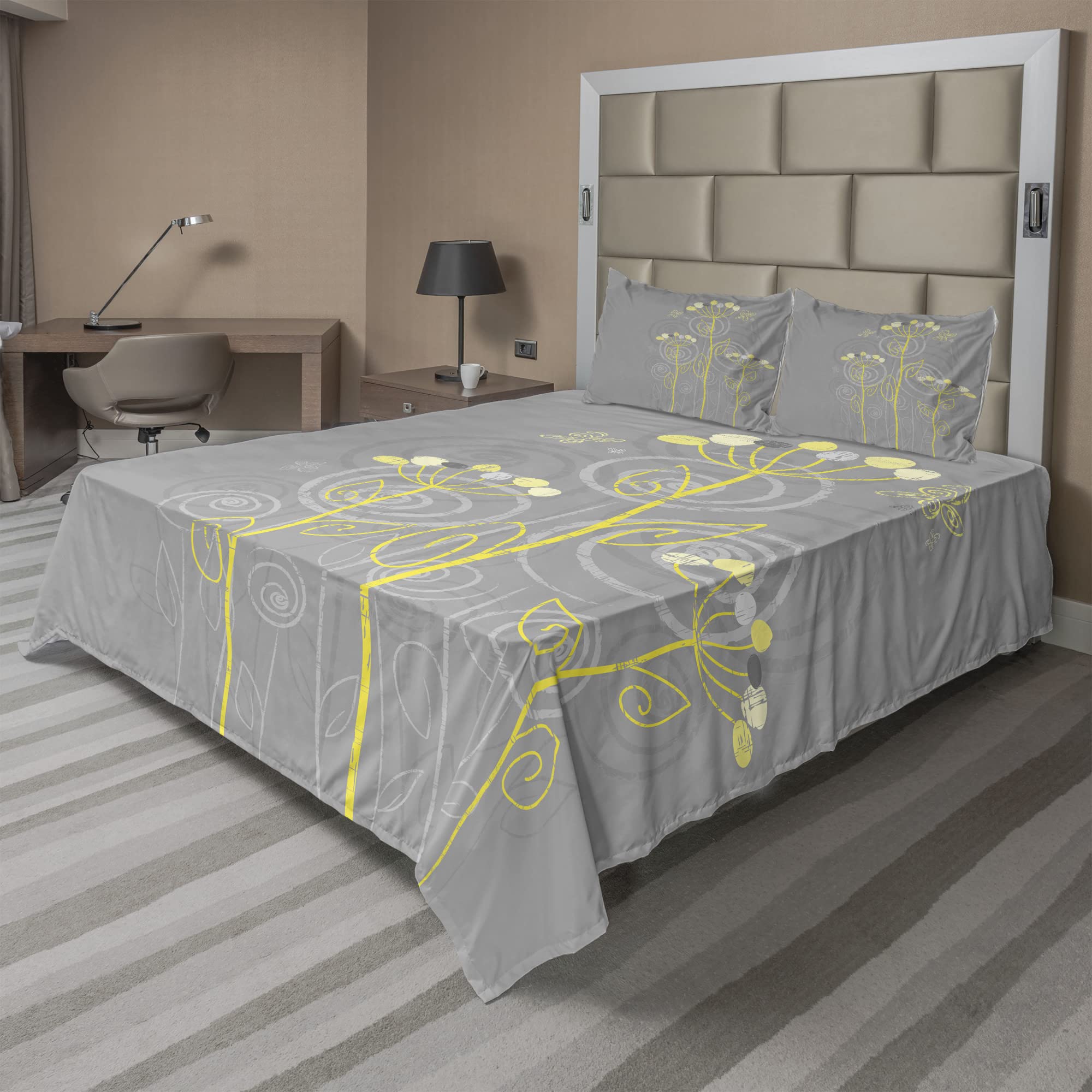 Ambesonne Grey and Yellow 4-Piece King Size Sheet Set - Under The Sea Inspired Floral Abstract Swirl Design, Includes Fitted Sheet, Flat Sheet & 2 Pillowcases - Soft Bedding for Coastal & Nautical Themed Bedrooms