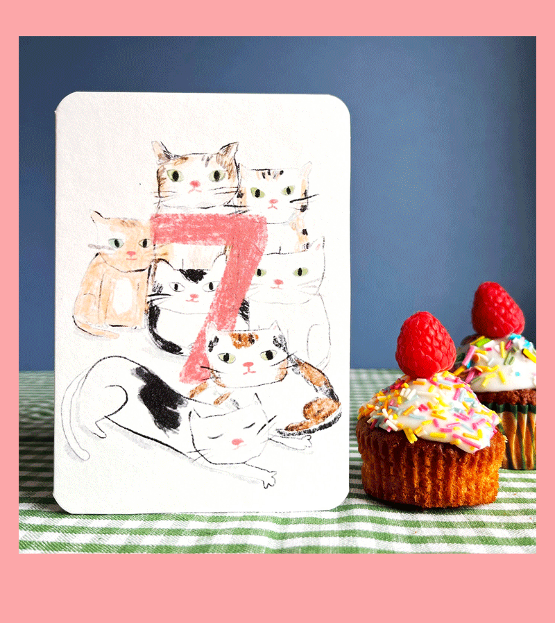 Laura Skilbeck Handmade Cat Birthday Card for 7-Year-Olds - Perfect for Kids' Birthday Parties & Cat Lover Gifts