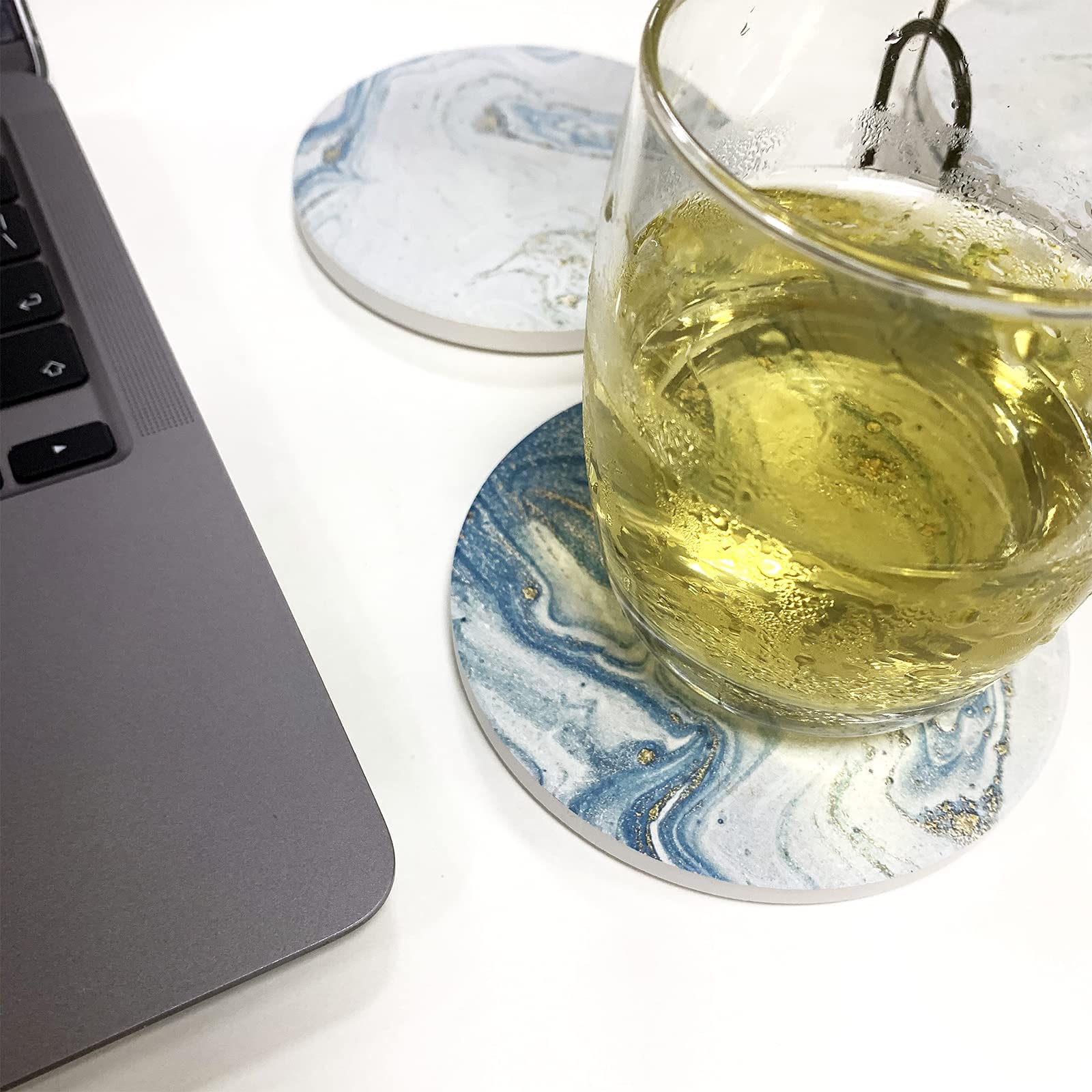 Absorbent Ceramic Drink Coasters Set of 8 with Cork Base - 4 Inch Round Stone Coasters for Wine, Mugs & Cups - Teal Marble Design - Tabletop Protection for Cold Beverages, Home Bar & Dinner Parties