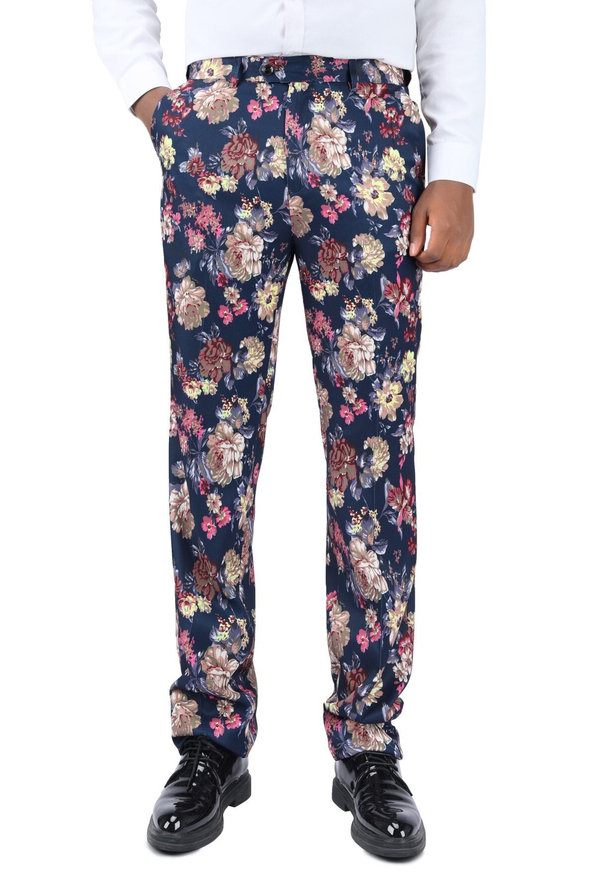 2 Piece Slim Fit Floral Print Suit for Men - Navy Blue Business Formal Wear - Perfect for Office, Wedding & Special Occasions