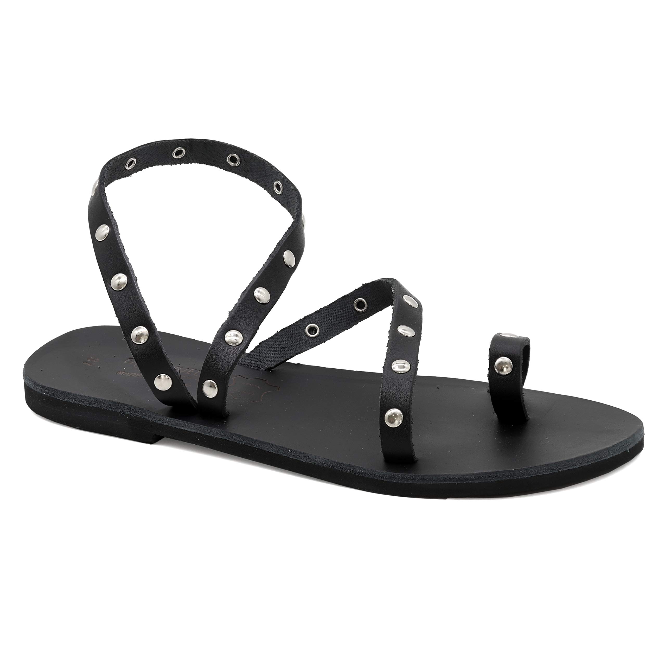 Emmanuela Women's Ancient Greek Leather Flat Sandals with Metal Studs | Handmade Boho Chic Ankle Strap Open-Toe Slip-On Sandals | Perfect for Summer, Beach, and Casual Outings