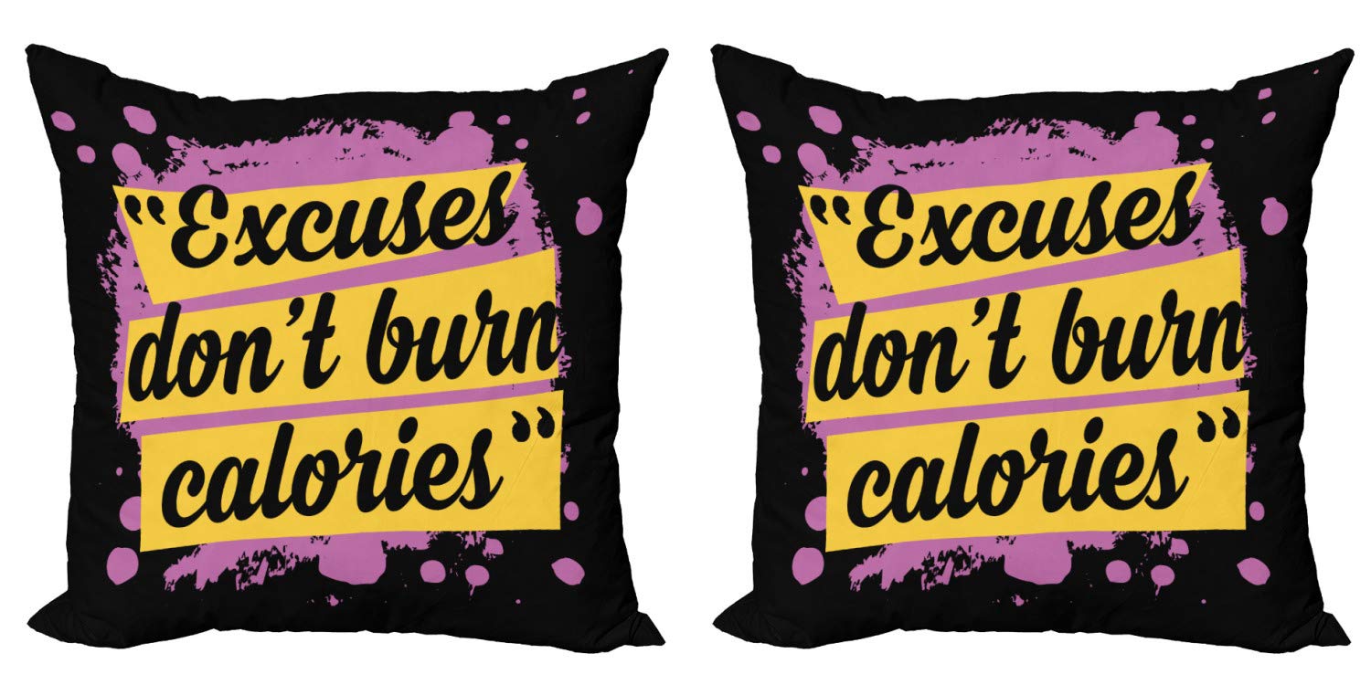 Ambesonne 2-Pack Fitness Motivational Throw Pillow Covers - 'Excuses Don't Burn Calories' Modern Design, 16 Inch Square Decorative Cushion Covers for Couch, Bedroom & Living Room in Lilac, Yellow & Black | Gym & Home Workout Decor Inspiration