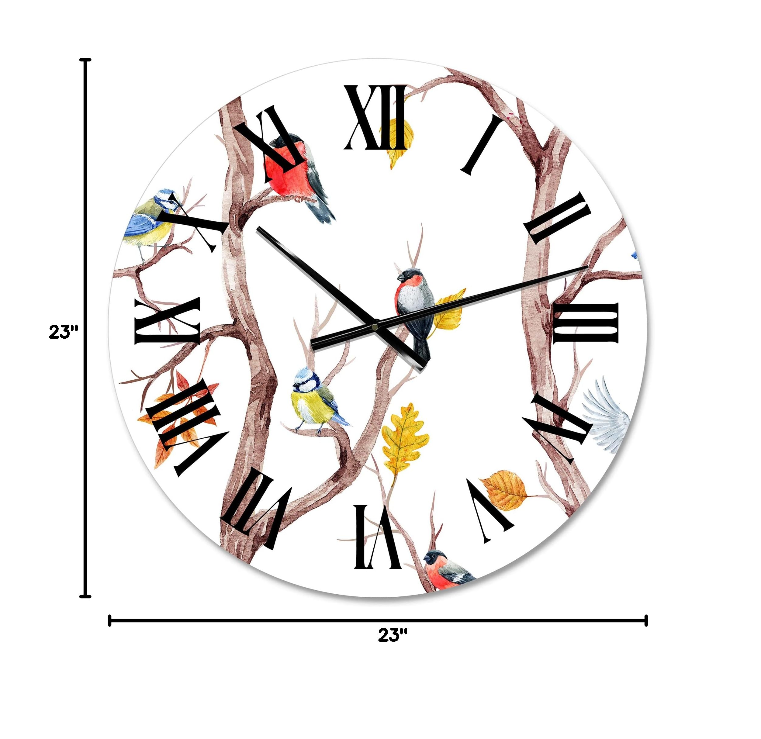 DesignQ Traditional Wall Clock - Fall Trees & Little Birds Decor - Large Silent Non-Ticking Wall Clock for Home, Office, Living Room & Bedroom - Perfect Rustic Farmhouse Decor & Gift Idea