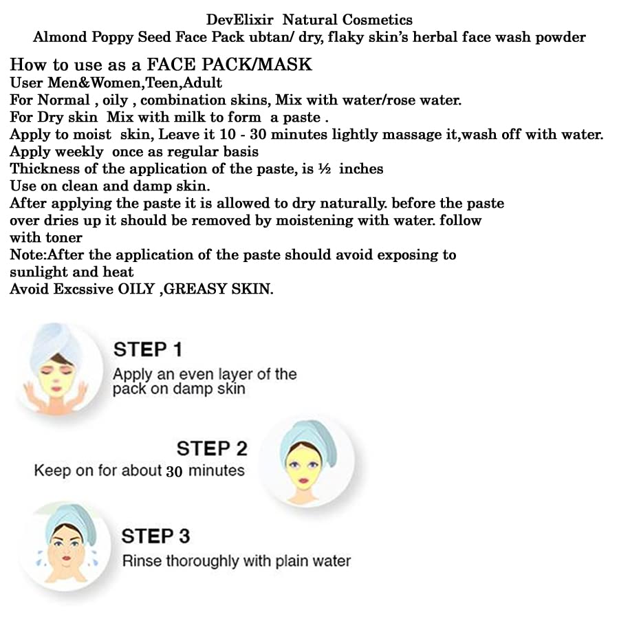 DevElixir Natural Almond Poppy Seed Face Pack - Ubtan Powder for Glowing Skin, Reduces Sun Damage, Perfect for Dry & Flaky Skin | Gentle Facial Cleanser for Daily Skincare Routine