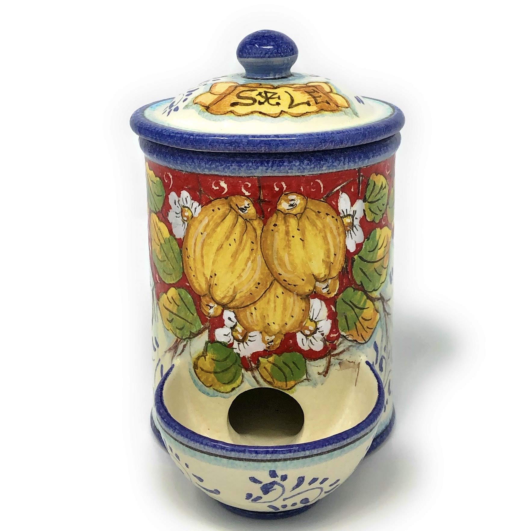 Italian Ceramic Pottery Jar - Hand Painted Lemon Design Salt Holder | Tuscan Art Pottery Made in Italy | Perfect for Kitchen Decor, Dining Table Centerpiece & Gift Idea