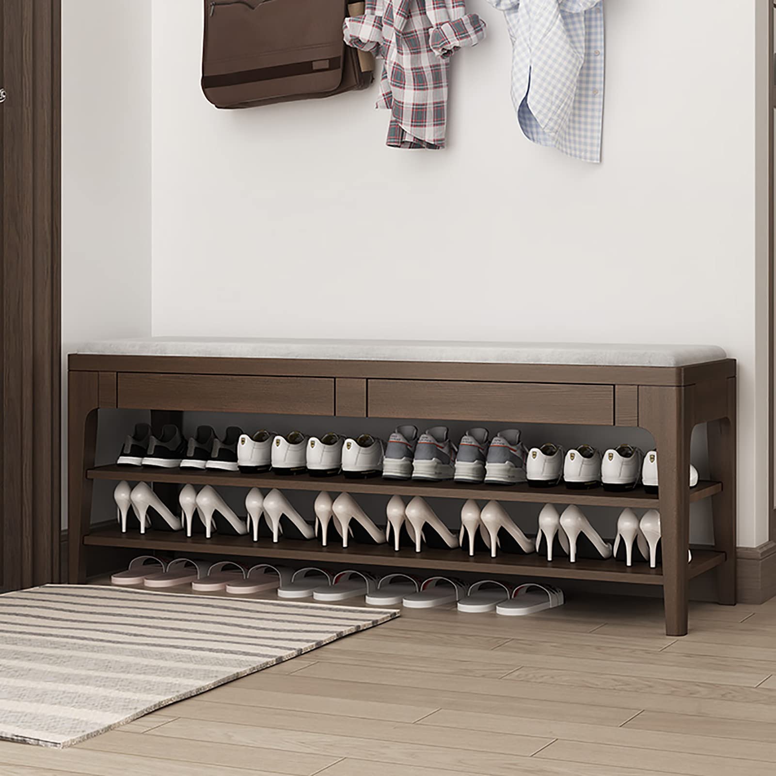 Solid Wood Entryway Shoe Bench with Drawer - Upholstered Storage Organizer with Cotton Linen Cushion, 2-Tier Dark Walnut (100x35x45cm) - Perfect for Hallway, Mudroom & Small Space Organization