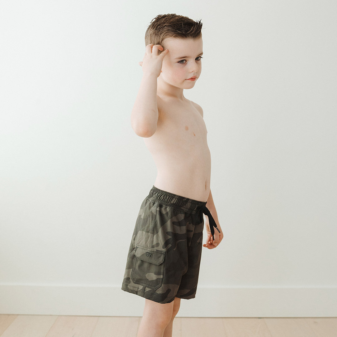Camo Jr. Swim Trunks for Boys - Quick Dry Kids Swim Shorts with UPF 50+ Sun Protection - Perfect for Pool, Beach, and Summer Water Activities