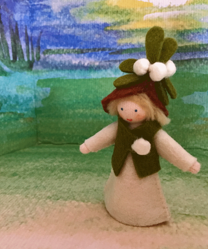 Mini Felt Waldorf Doll - Handmade Standing Mistletoe Christmas Ornament for Holiday Decor & Gift Giving