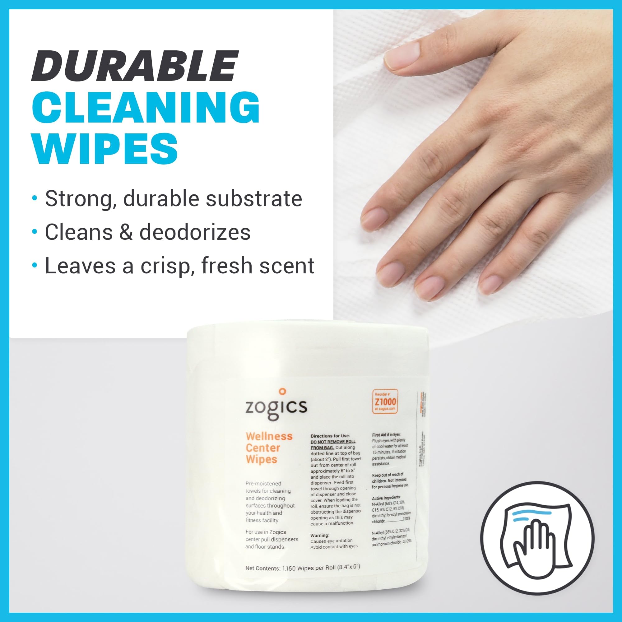 Zogics Wellness Center Cleaning Wipes - 4600 Count Disinfecting Gym Wipes for Equipment & Surfaces | Pre-Saturated, Durable & Safe Wet Wipes (4 Rolls x 1150) | Perfect for Fitness Centers, Yoga Studios & Home Gym Cleaning