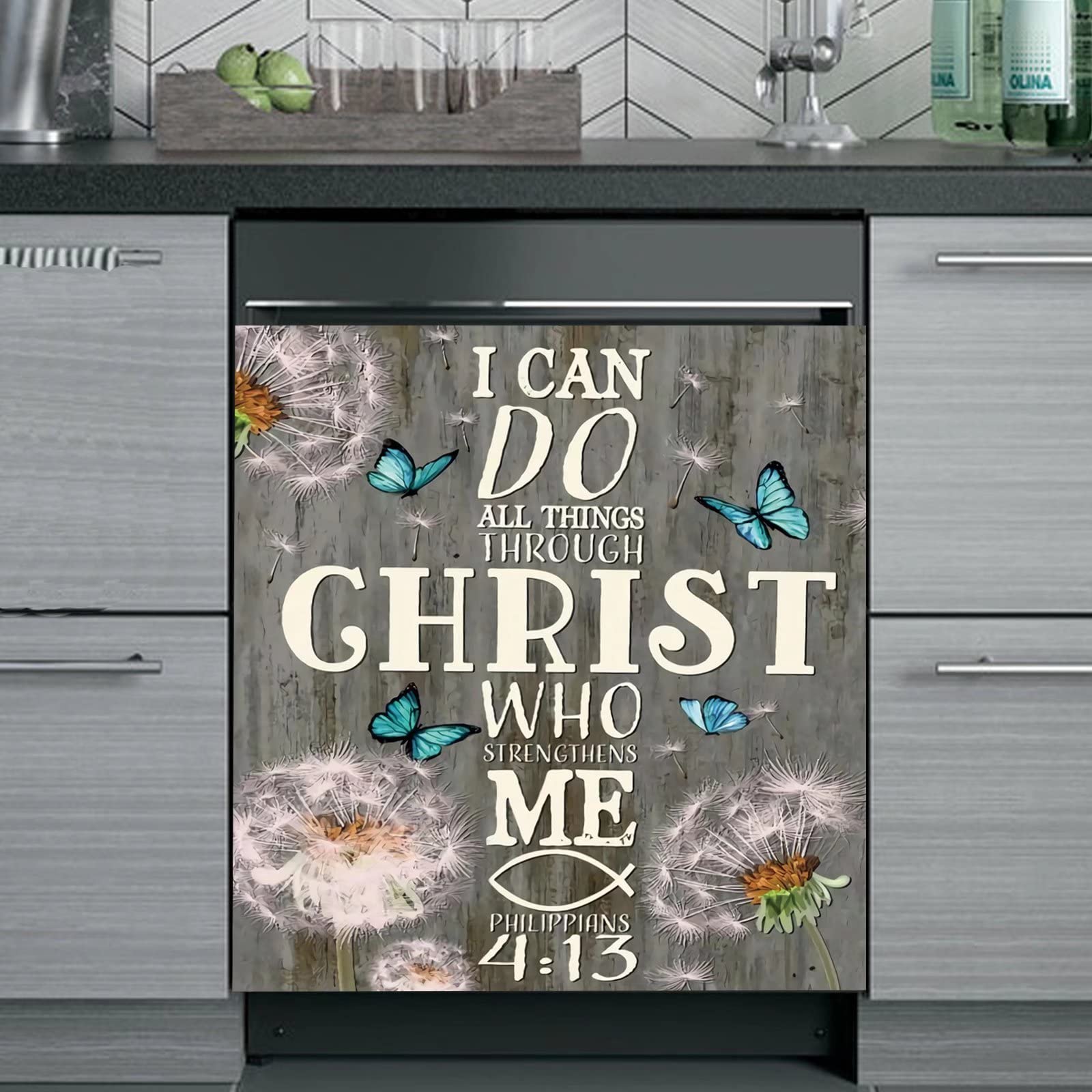 Dandelion Flower Dishwasher Magnet Cover - Christian Verse Decal with 'I Can Do All Things Through Christ' Design - Butterfly Fridge Sticker for Appliances (23
