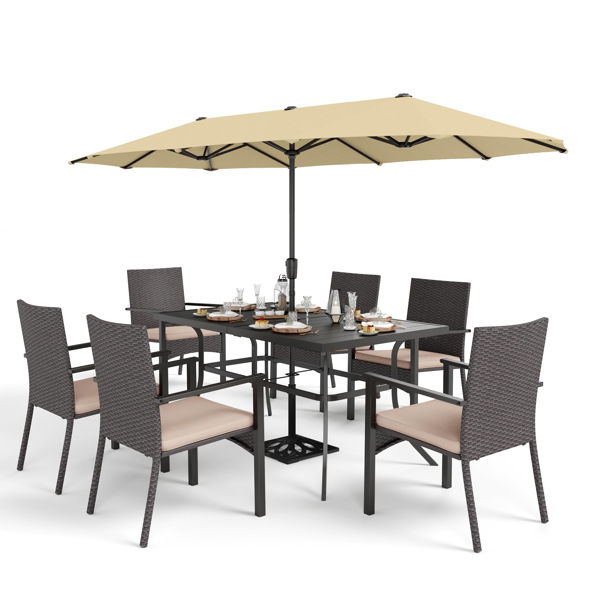 Sophia & William 7-Piece Outdoor Dining Set with 13ft Beige Patio Umbrella - Metal Table & Rattan Chairs for 6 People - Includes Cushions & 1.6