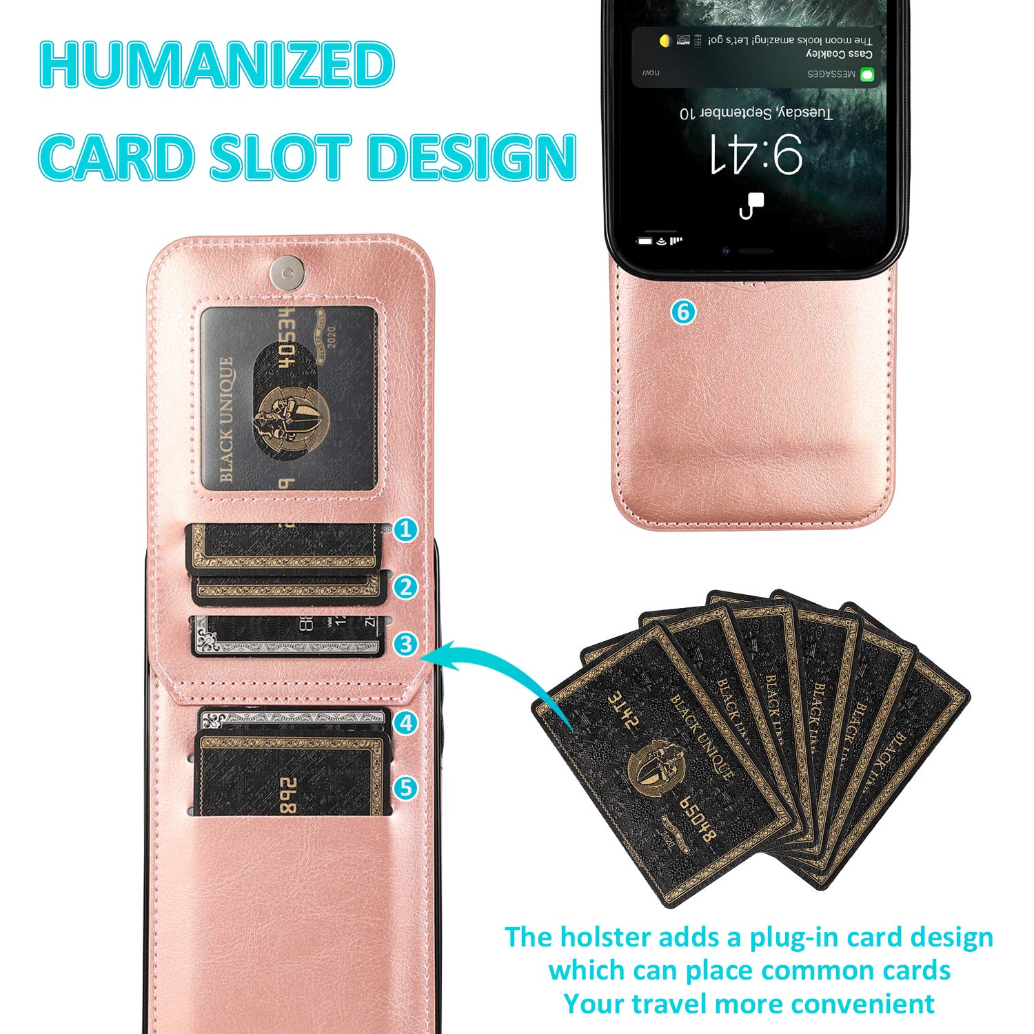 Premium Genuine Leather Wallet Case for iPhone 12 & iPhone 12 Pro - Slim Protective Cover with RFID Blocking Credit Card Slots (6.1 Inch, Rose Gold) | Perfect for Everyday Use, Travel & Business Meetings