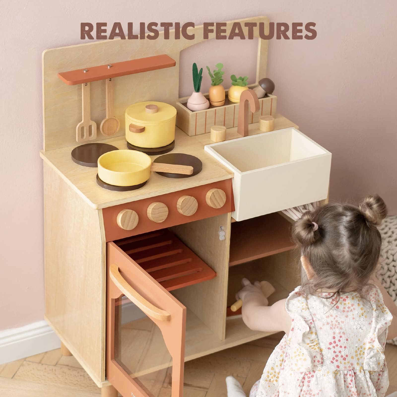 Tiny Land Wooden Play Kitchen Set for Toddlers - Farm Style Toy Kitchen with Cutting Food Playset - Best Educational Gift for Girls & Boys - Perfect for Pretend Play, Role Playing & Early Learning at Home