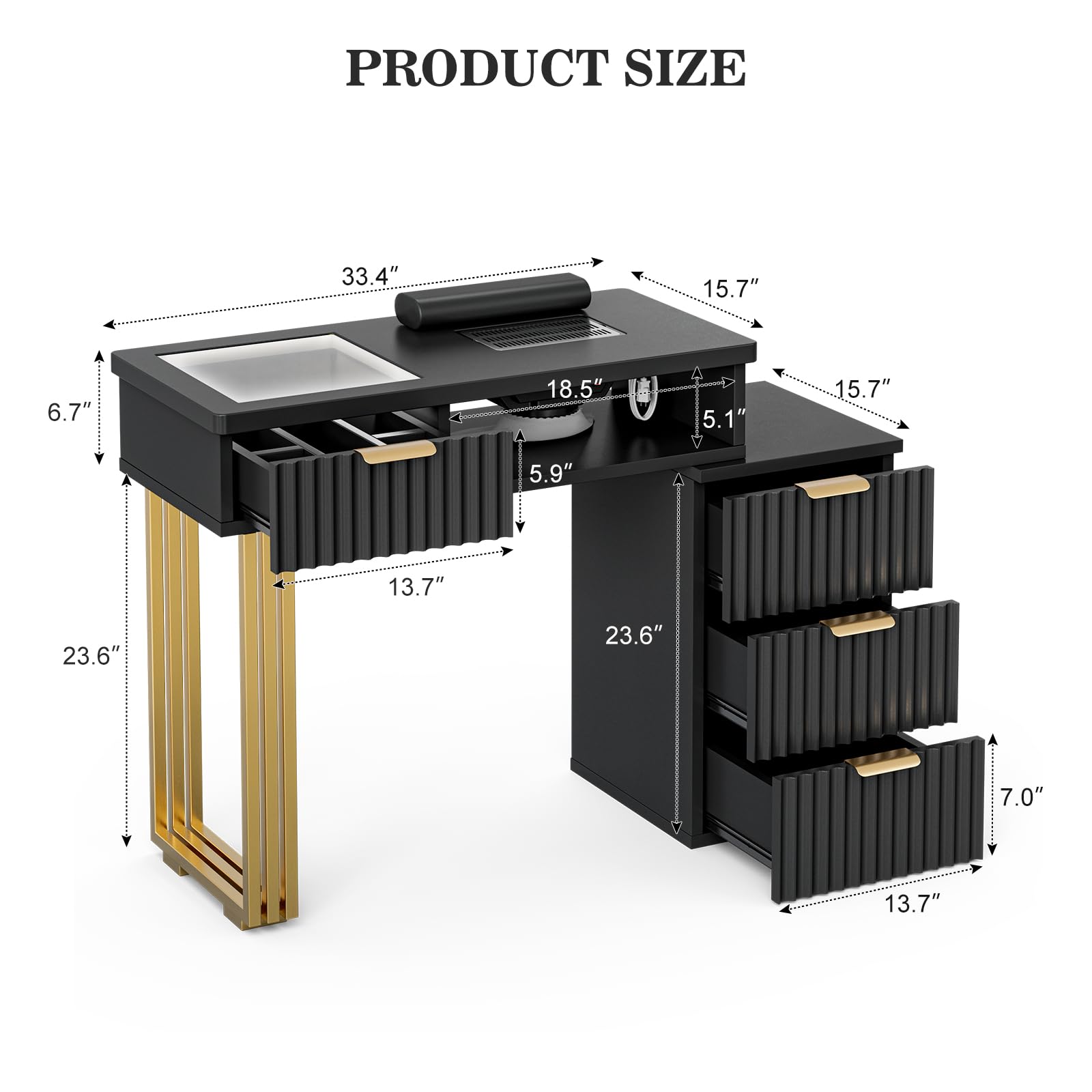 Professional Nail Tech Manicure Table with Dust Collector, 4 Drawers & LED Lights - Acetone Resistant Salon Workstation with Wrist Cushion, Golden Leg (Black) - Perfect for Nail Salons, Home Studios & Mobile Nail Technicians