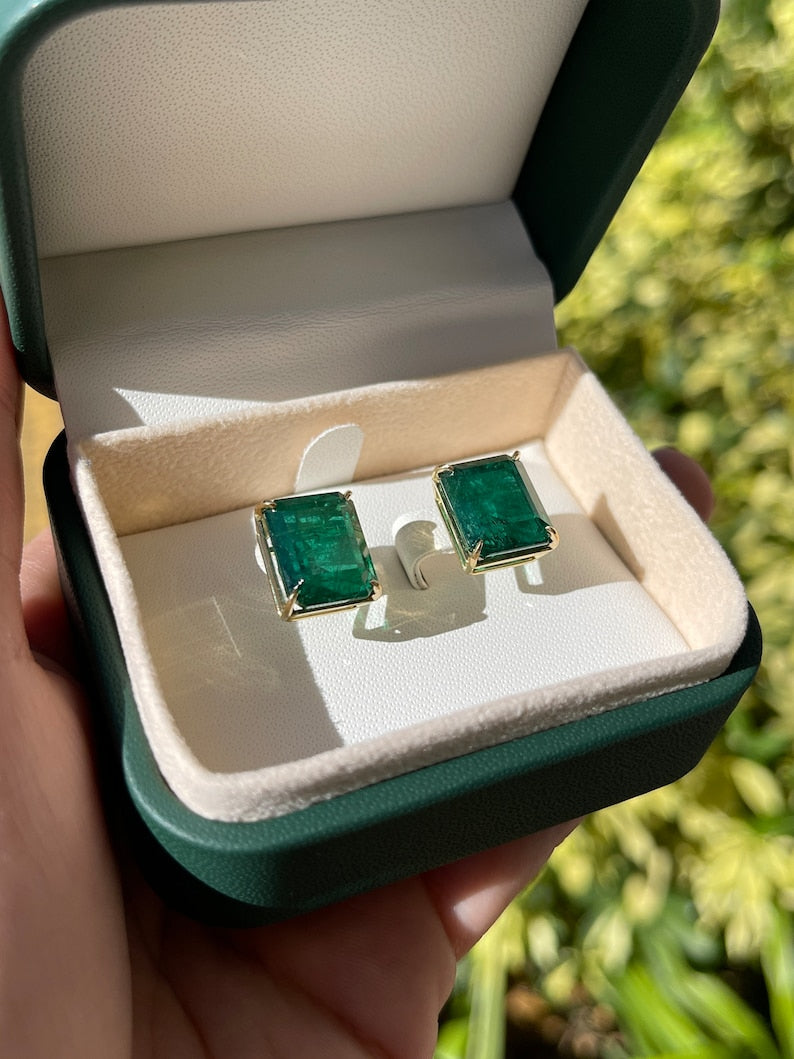 18K Gold Emerald Stud Earrings AAA Quality 18.04tcw - Luxury Statement Jewelry for Women, Perfect for Weddings, Parties & Special Occasions