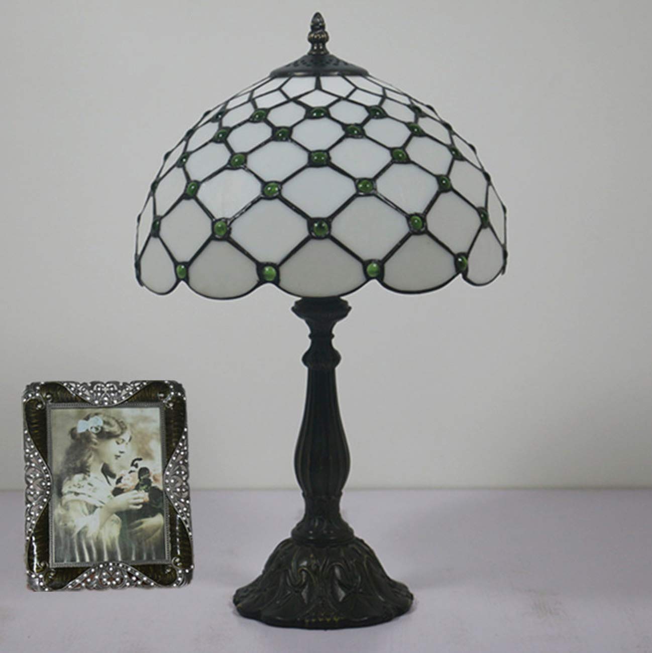 Tiffany Style Stained Glass Table Lamp - 12 Inch Bedside Desk Lamp with Simple Lampshade for Study Room & Night Lighting (Bulbs Not Included), Green Finish with Alloy Base - Perfect for Bedroom, Office, and Reading Nook Ambiance