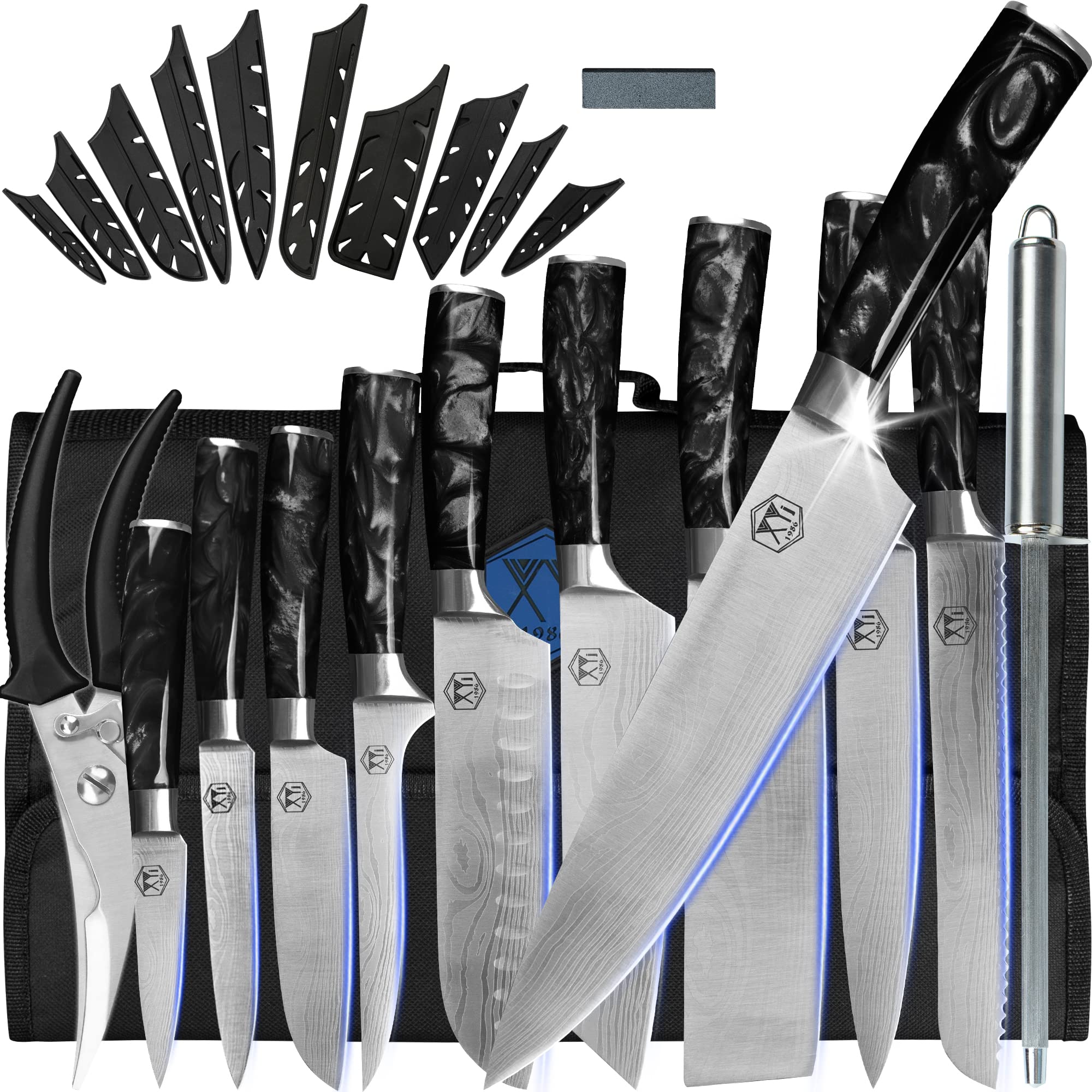 XYJ Professional Chef Knife Set - Damascus Steel, Stainless Steel with Laser Pattern - Includes Knives, Scissors, Carrying Case & Bag - Ideal for Master Chefs, Butchers & Culinary Enthusiasts - Perfect for Cooking, Cutting & Kitchen Prep (Black, Authentic Since 1986)