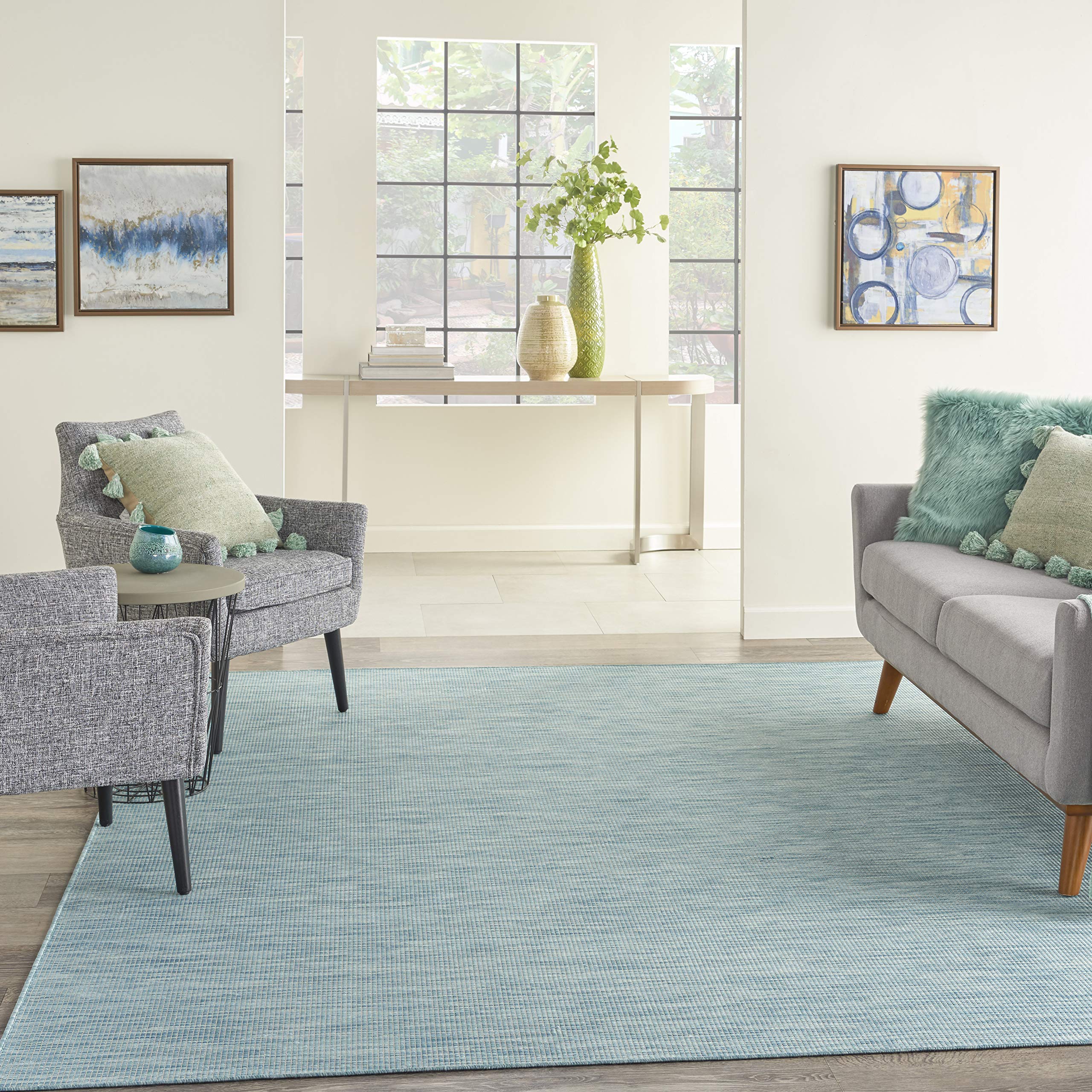 Nourison Positano Indoor-Outdoor Aqua 9' x 12' Area Rug - Easy to Clean, Non-Shedding, Stain Resistant - Perfect for Bedroom, Living Room, Dining Room, Backyard, Deck & Patio - Great for High-Traffic Areas and Outdoor Entertaining (9x12)