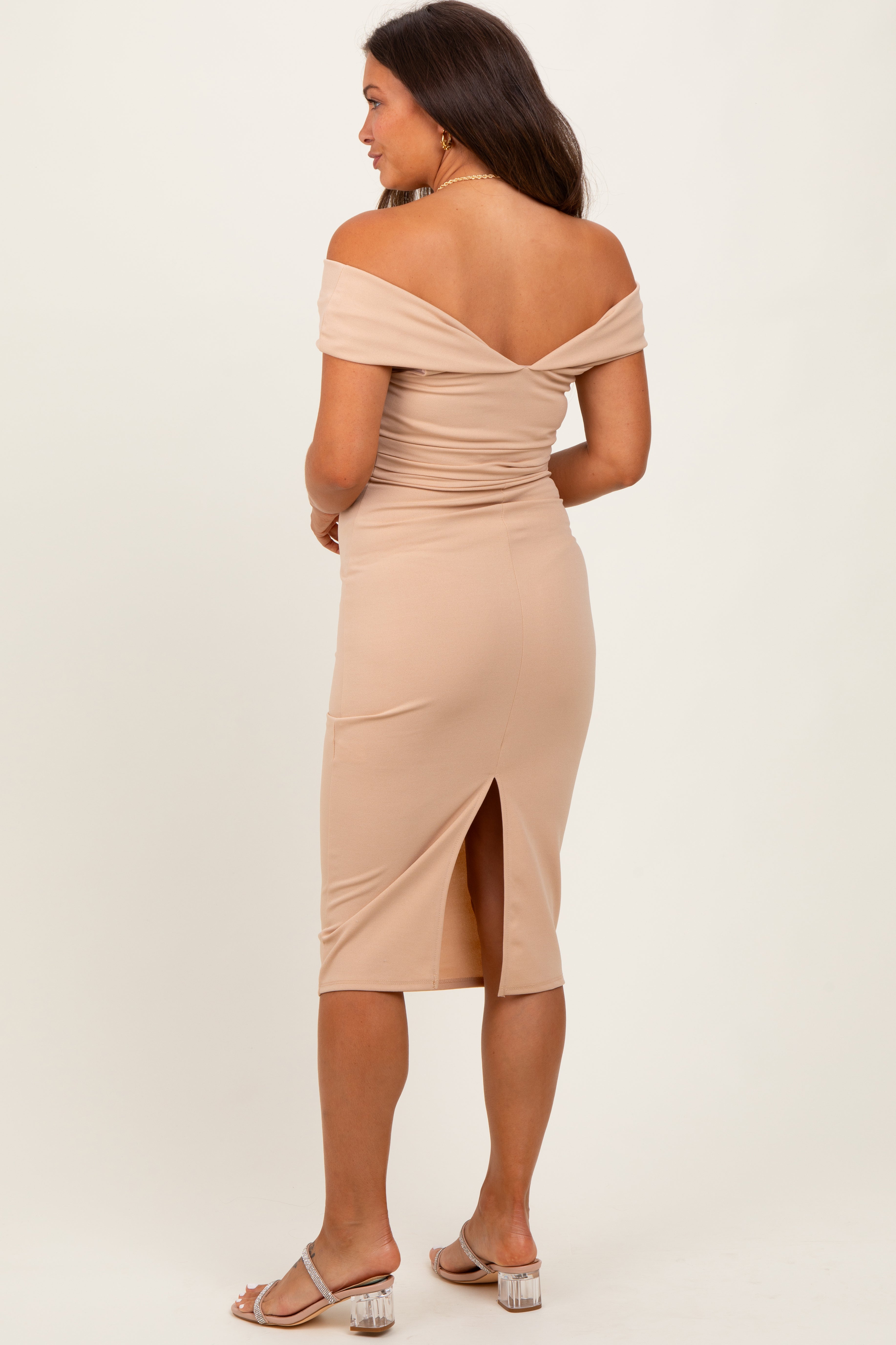 Beige Off Shoulder Fitted Maternity Midi Dress for Pregnancy - Comfortable Stretchy Nursing Dress for Baby Shower, Maternity Photos & Special Occasions