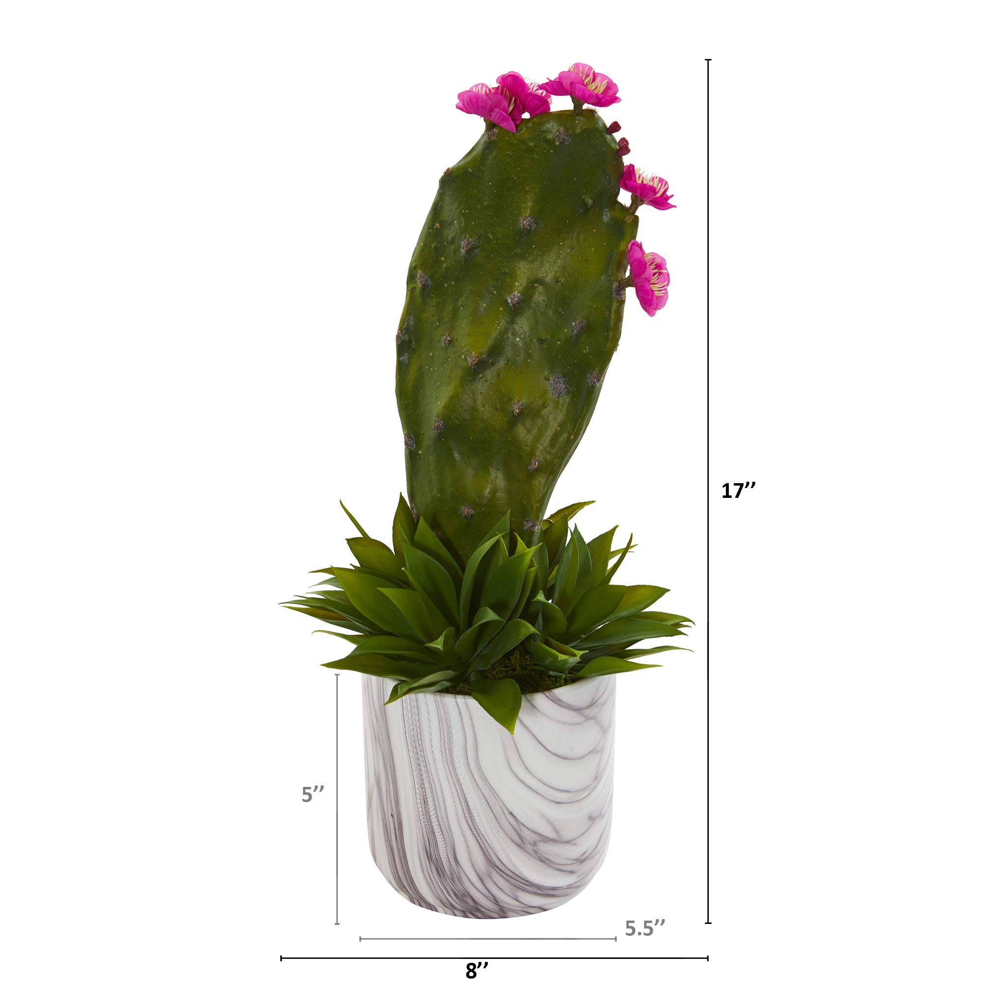 Nearly Natural 17 Inch Artificial Cactus and Agave Succulent Silk Plant in Marble Planter - Green - Perfect for Home, Office, and Indoor Decor