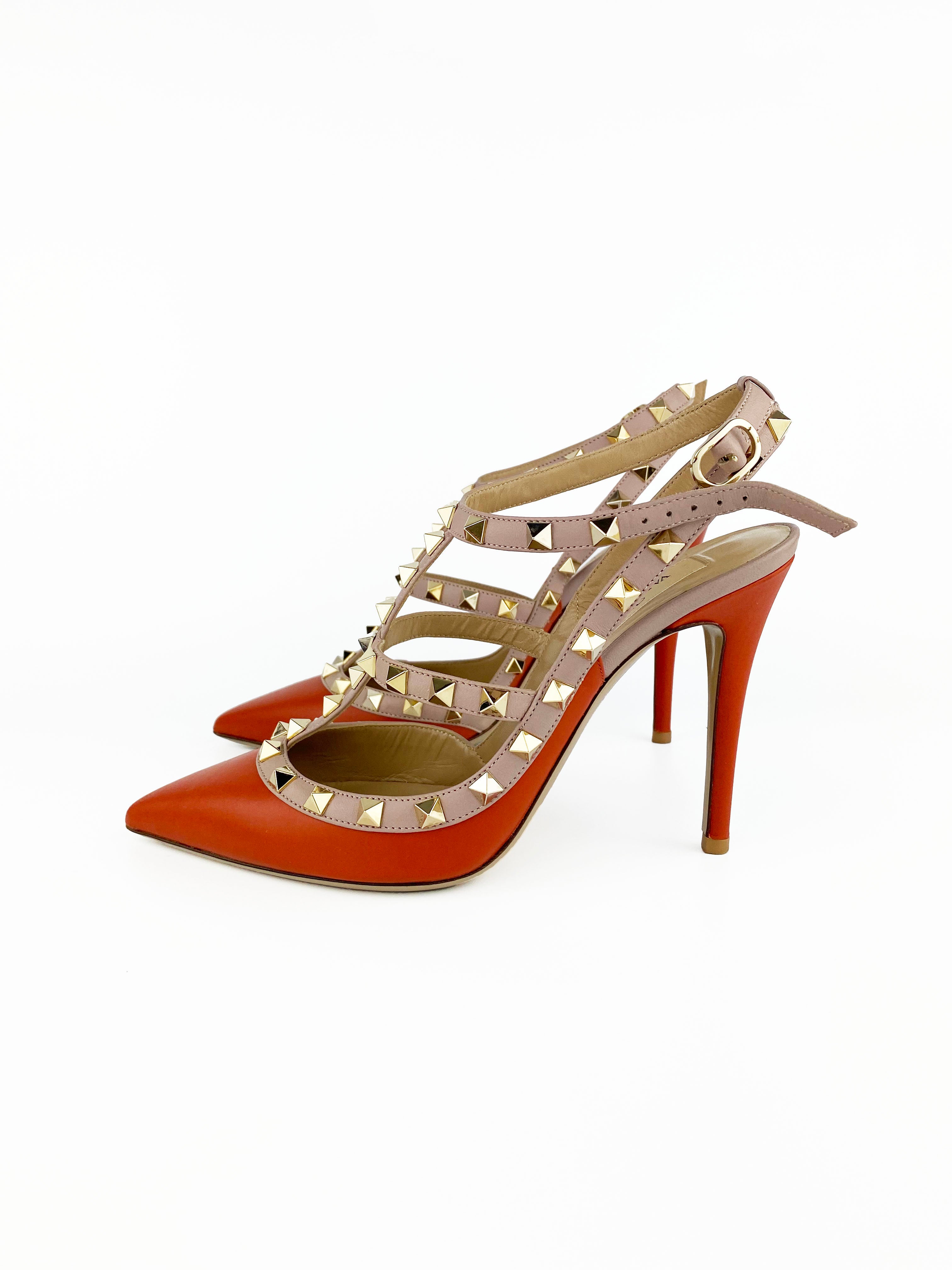 Valentino Rockstud Orange Leather Pumps Size 38 - Women's Luxury High Heels for Parties, Weddings & Special Occasions
