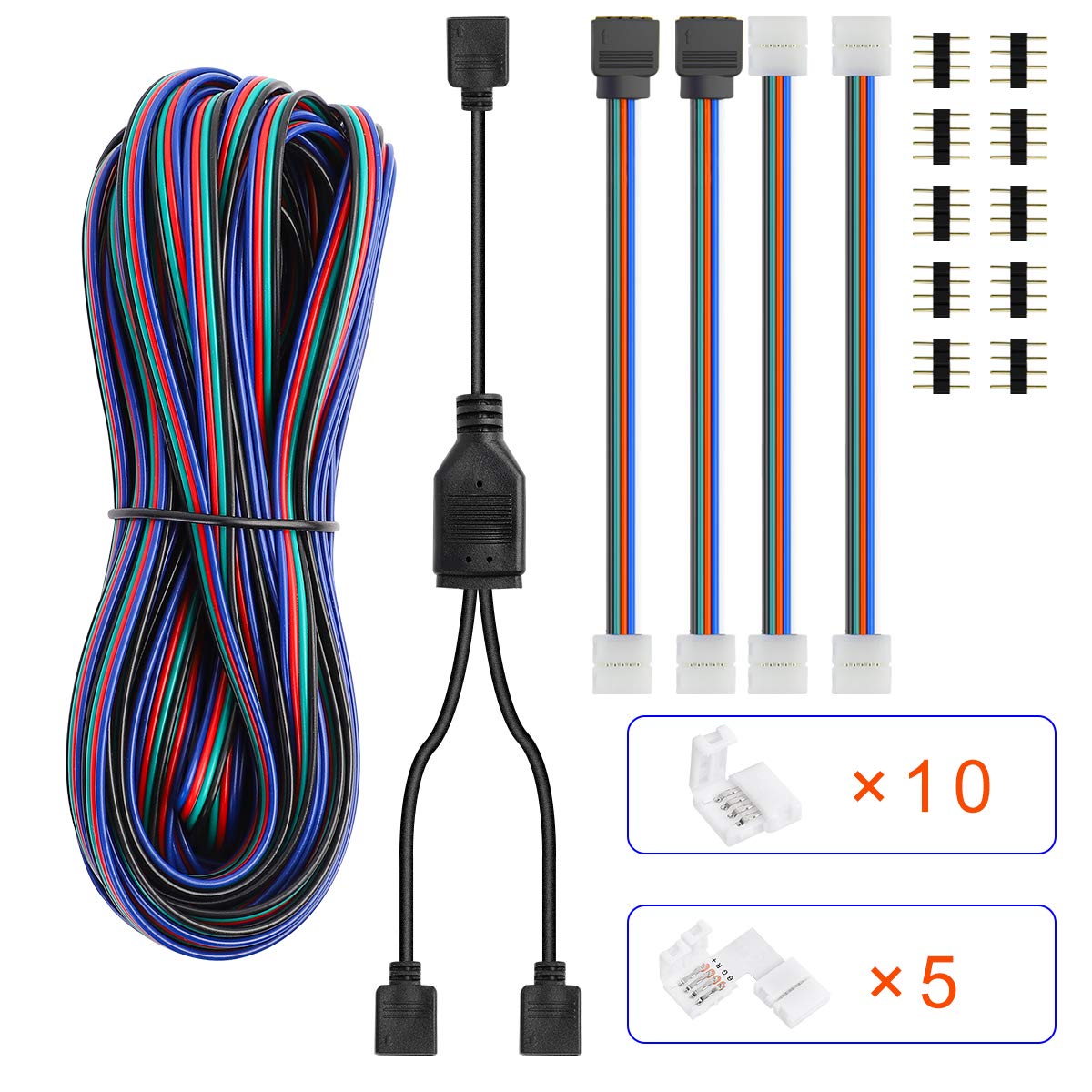 SUPERNIGHT 4 Pin 10mm LED Light Strip Connector Kit - 5050 2835 RGB Rope Lights Extension Wire (32.8ft/10M) - Solderless 90 Degree Male to Female Jumpers for 10mm PCB - Perfect for Home Decoration, DIY Lighting Projects, and Holiday Light Displays