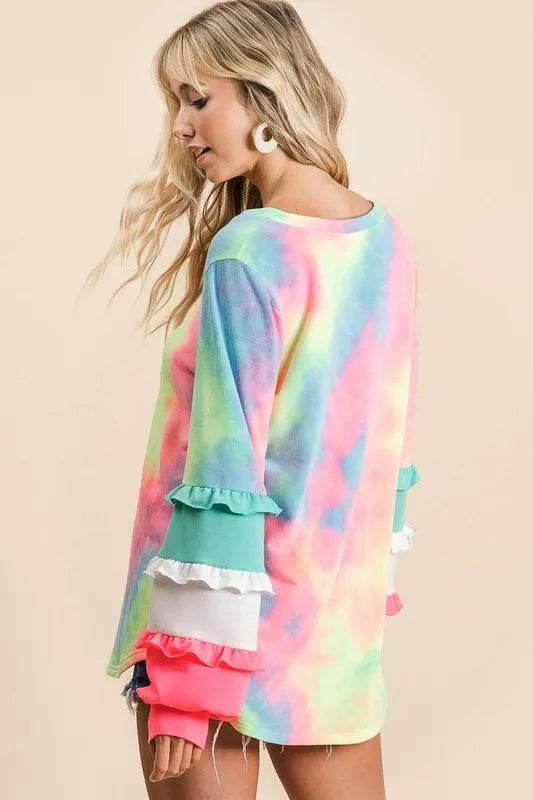 Stylish BiBi Tie Dye V Neck Tops with Color Block Sleeves for Women | Trendy Summer Casual Tee Shirts | Perfect for Beach Outings, Music Festivals & Everyday Wear