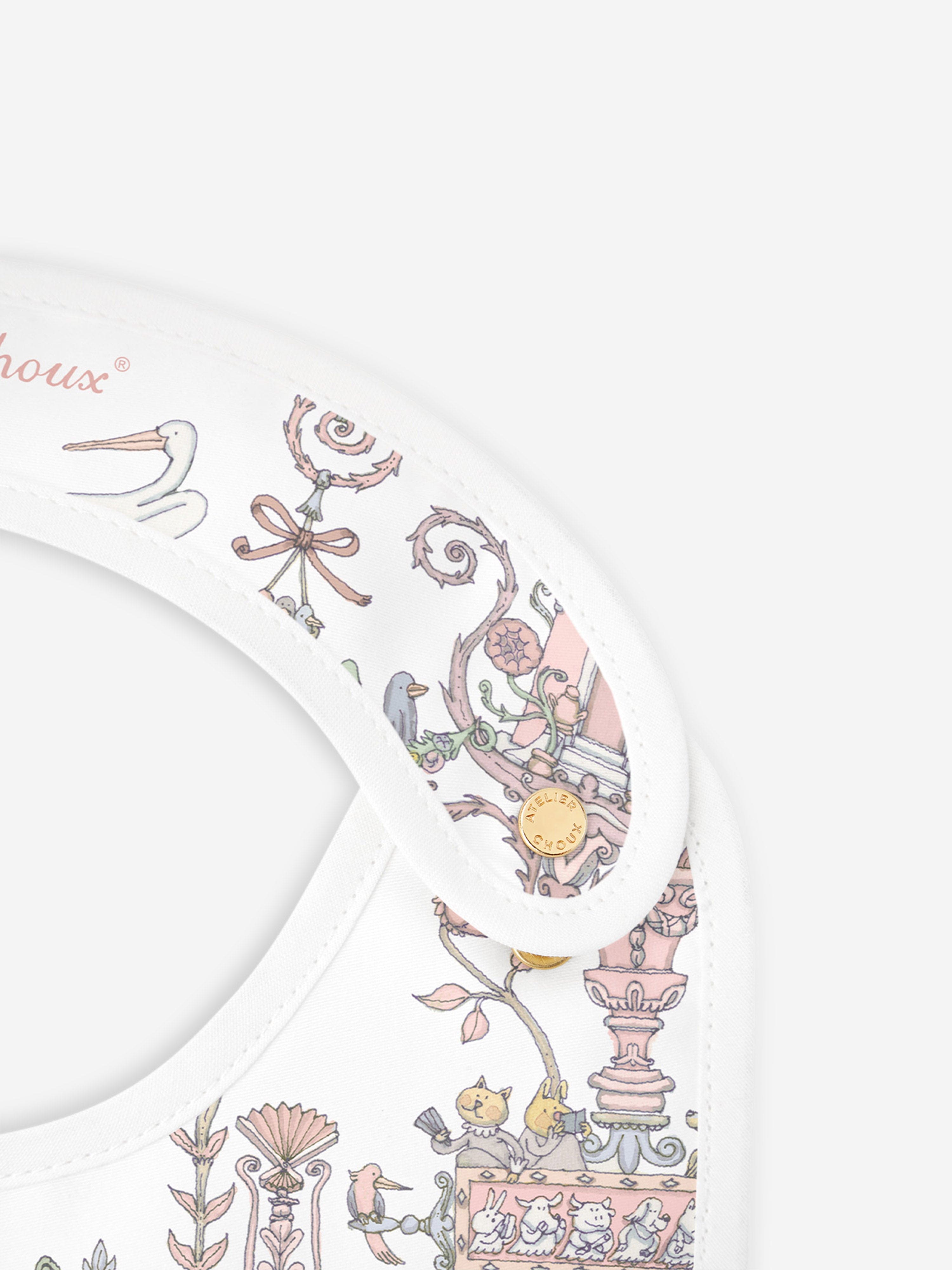 Atelier Choux Baby Girls Toile de Jouy Caitlin Wilson Satin Bib in Pink - Soft & Stylish Drool Bib for Newborns, Infants & Toddlers - Perfect for Feeding, Teething & Photo Shoots