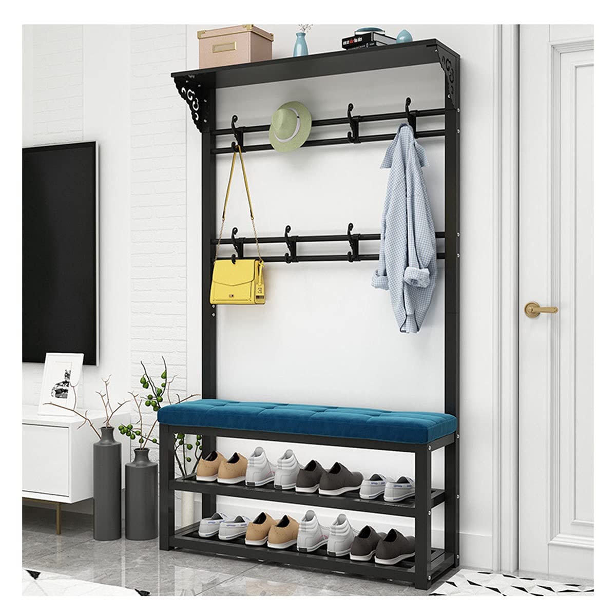 3-in-1 Entryway Storage Organizer - LLLD Coat Rack Shoe Bench with 2-Tier Storage & 2 Rows Hooks | Space-Saving Hall Tree for Bedroom, Living Room & Entryway | Perfect for Organizing Shoes, Coats & Accessories in Small Spaces