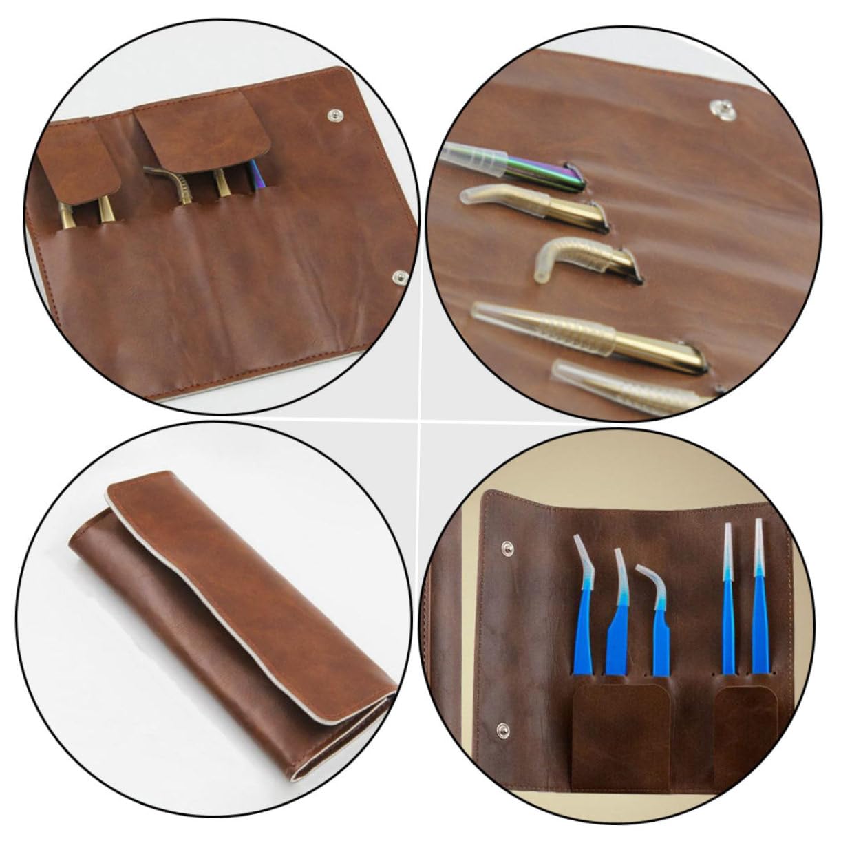 1pc PU Brown Eyelash Tweezer Storage Bag Holder - Organizer for Makeup Tweezers, Lash Extensions & Facial Tools - Perfect for Salon, Travel & Home Use