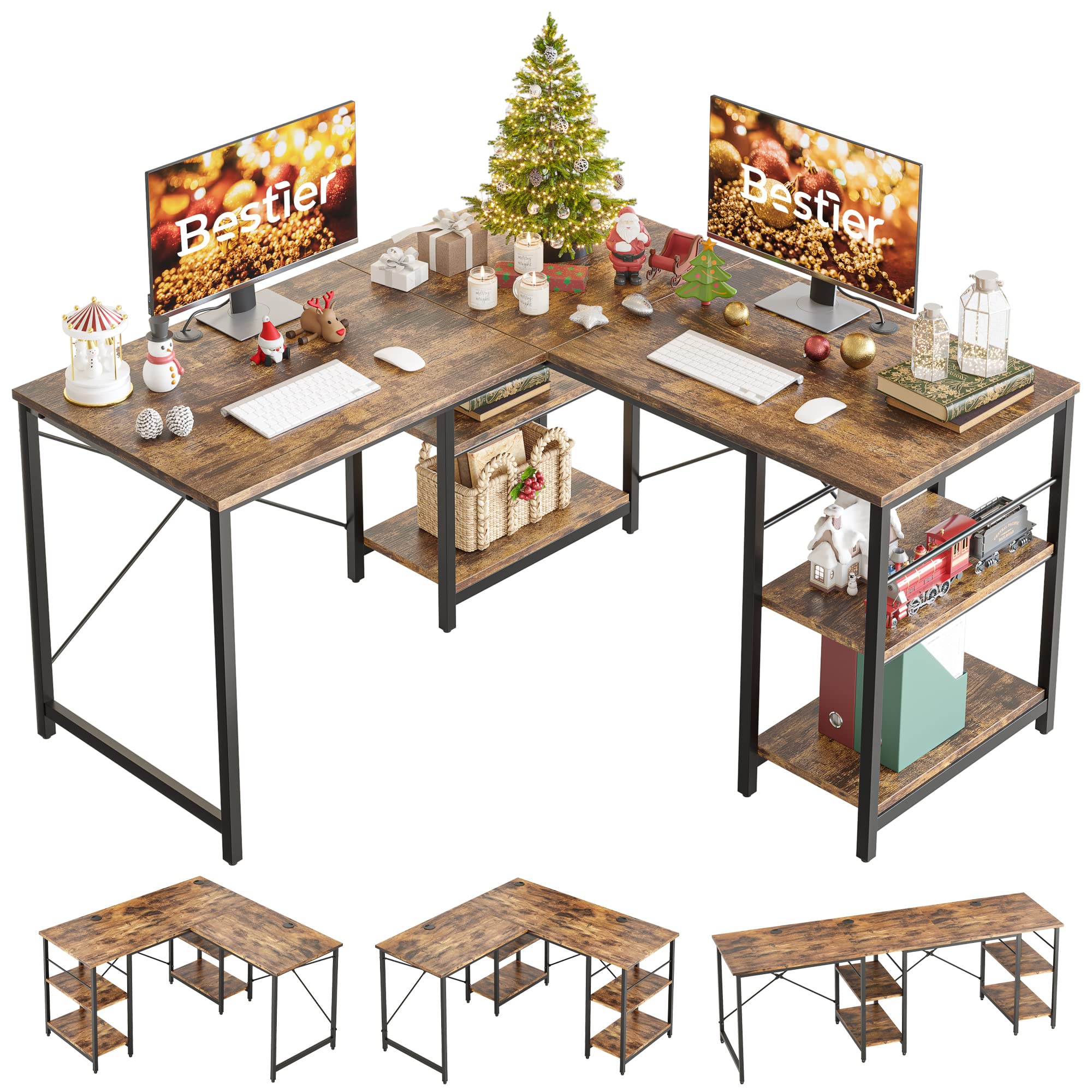 Bestier 86.6 Inch L-Shaped Desk with Shelves - Reversible Corner Computer Desk for Home Office, Gaming & Study | Large Workstation with Storage & 3 Cable Holes | Rustic Brown Finish | Perfect for Small Spaces & Shared Workspaces