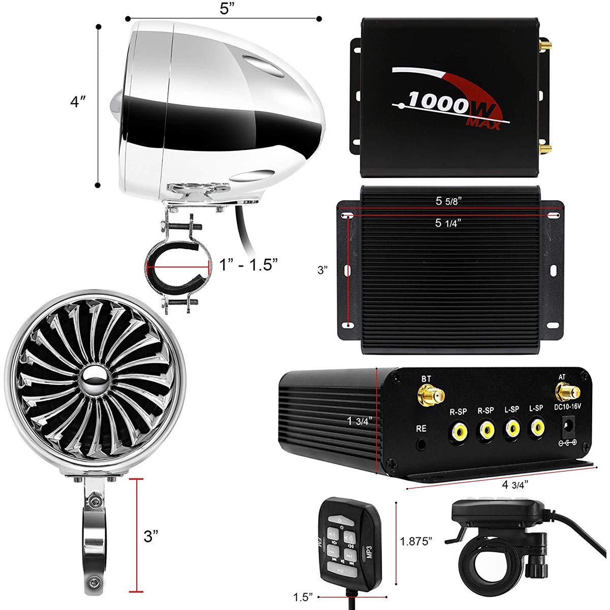 Aileap 1000W 4 Channel Waterproof Bluetooth Motorcycle Amplifier & Speaker System with FM Radio - 4