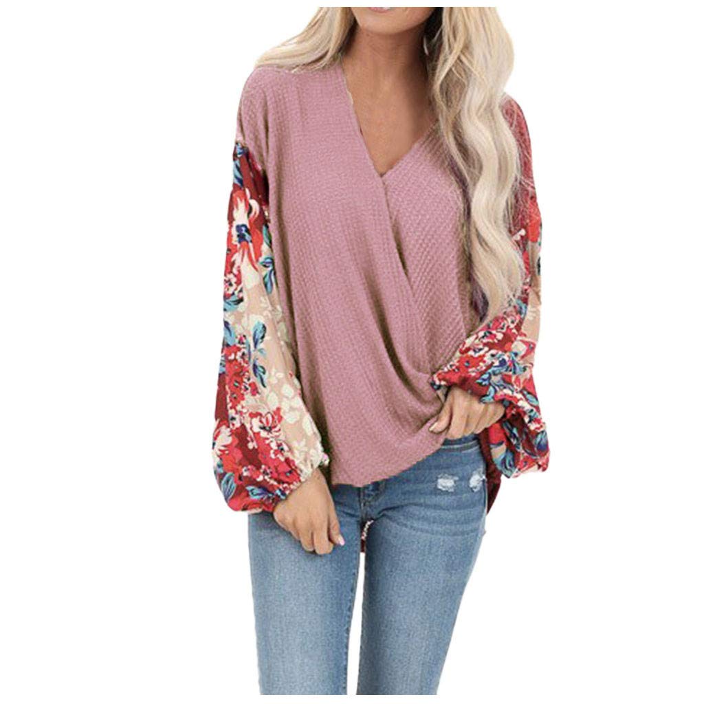 Eduavar Women's Floral Print Waffle Knit Sweater - Lantern Sleeve V-Neck Casual Loose Fit Tunic Top | Perfect for Fall Outfits, Office Wear & Weekend Brunch