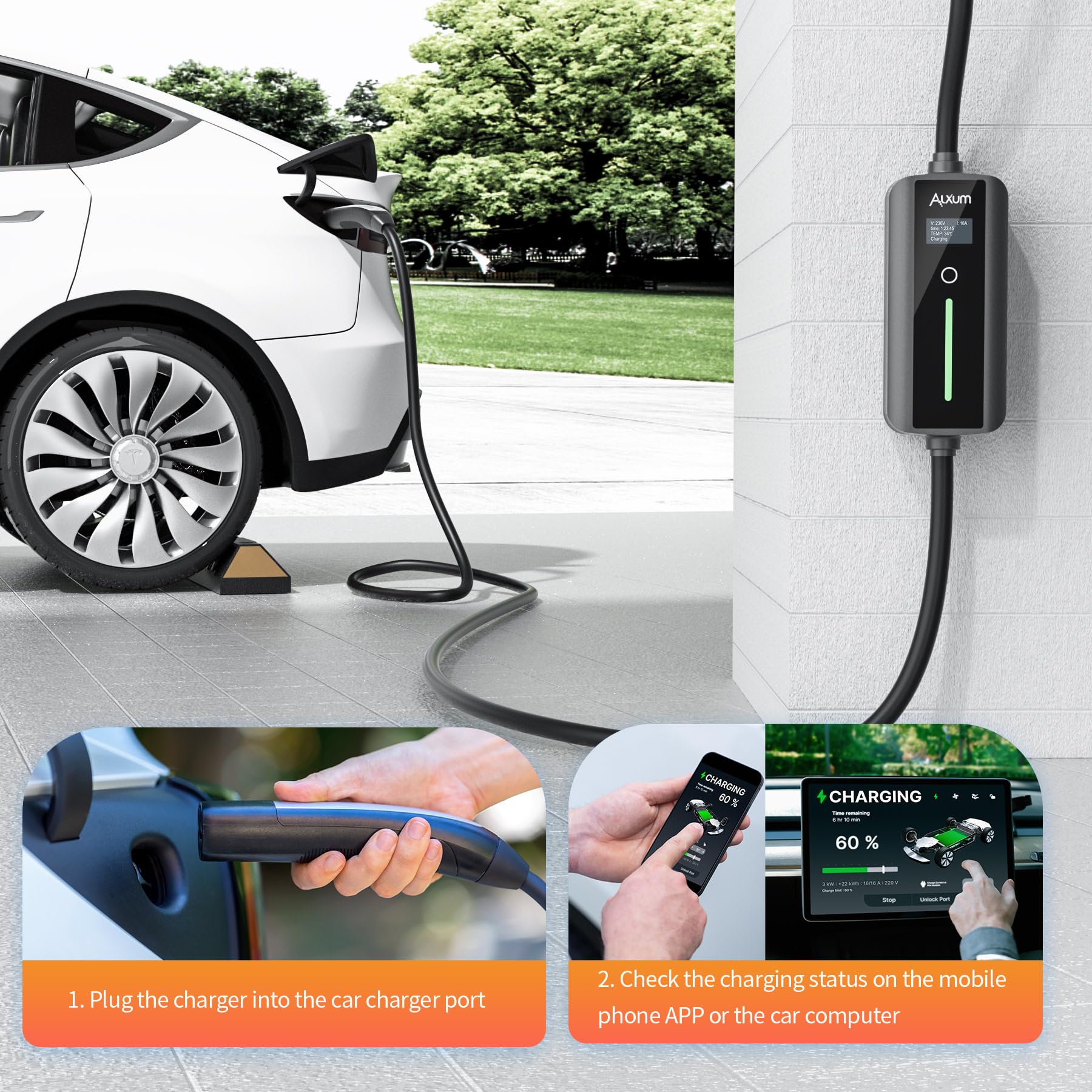 Alxum 16A Tesla Mobile Charger - Level 1 EV Charger (110V) Compatible with Tesla Models Y/3/S/X & Cybertruck | 16.4FT Cable with NEMA 5-15 Plug | Home & Travel Charging Solution
