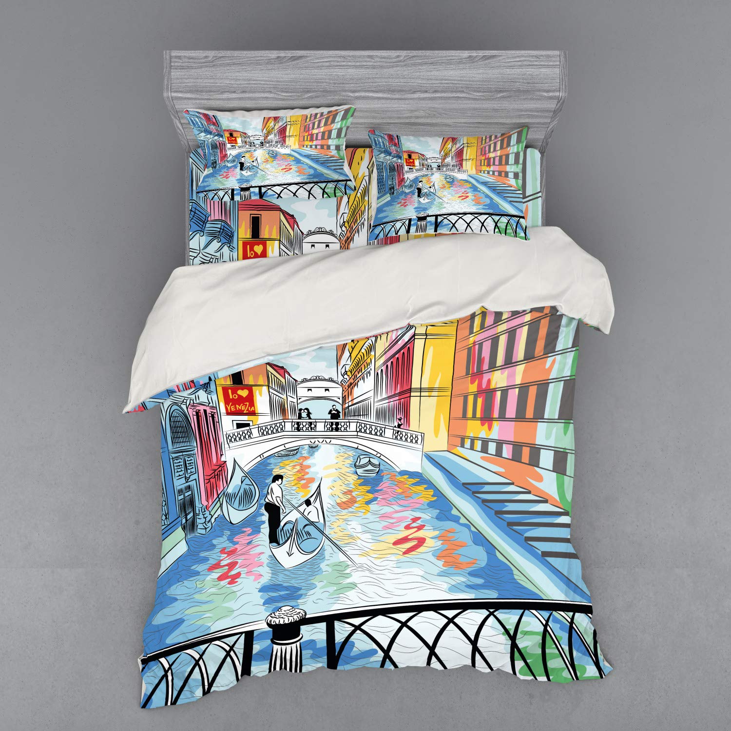 Ambesonne Venice Bedding Set - 4-Piece Queen Size Duvet Cover with Shams & Fitted Sheet | Colorful Sketch of Bridge of Sighs Landscape | Romantic Italian-Themed Bedroom Decor for Master Bedroom, Guest Room or Vacation Home