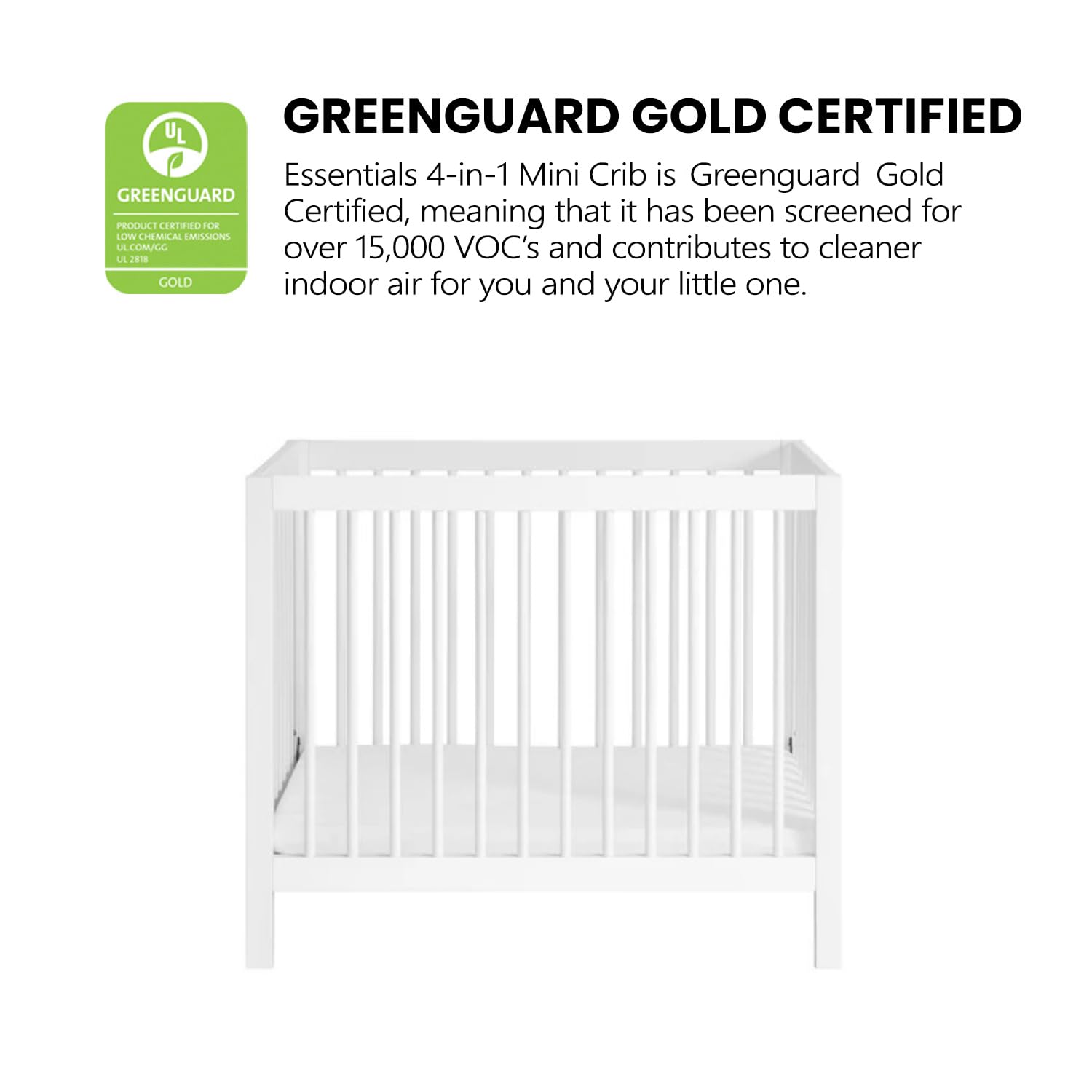 Oxford Baby Essentials Island Mini 4-in-1 Convertible Baby Crib with Round Spindles - White Nursery Crib for Newborns & Toddlers | Perfect for Small Spaces, Bedrooms & Daycare Centers