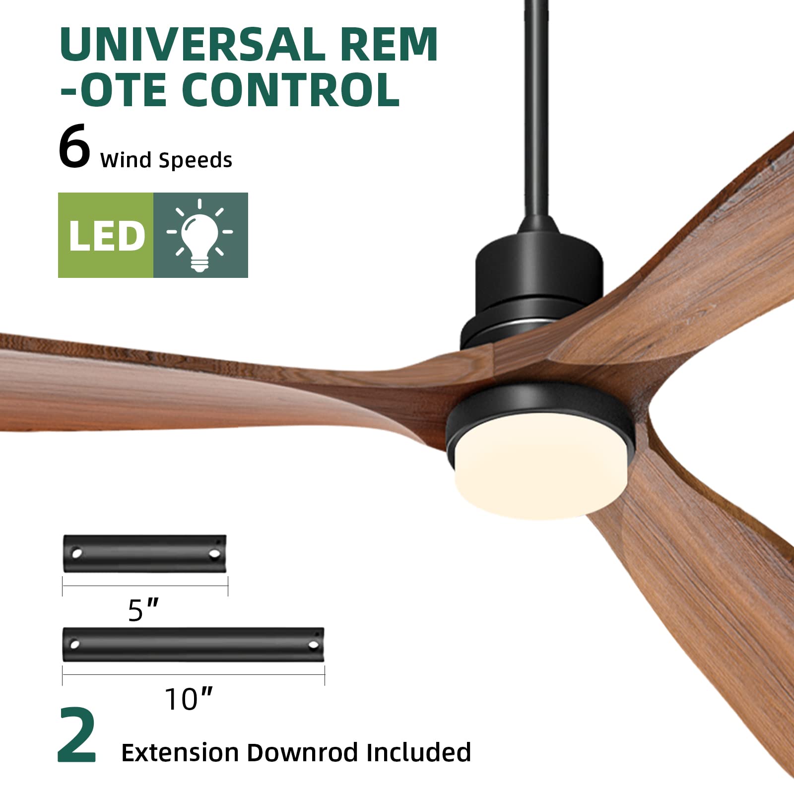 Obabala 60 Inch Modern Ceiling Fan with Light and Remote Control - 3 Reversible Wood Blades, Silent DC Motor for Indoor/Outdoor Use - Perfect for Patios, Farmhouse, Bedroom, and Living Room