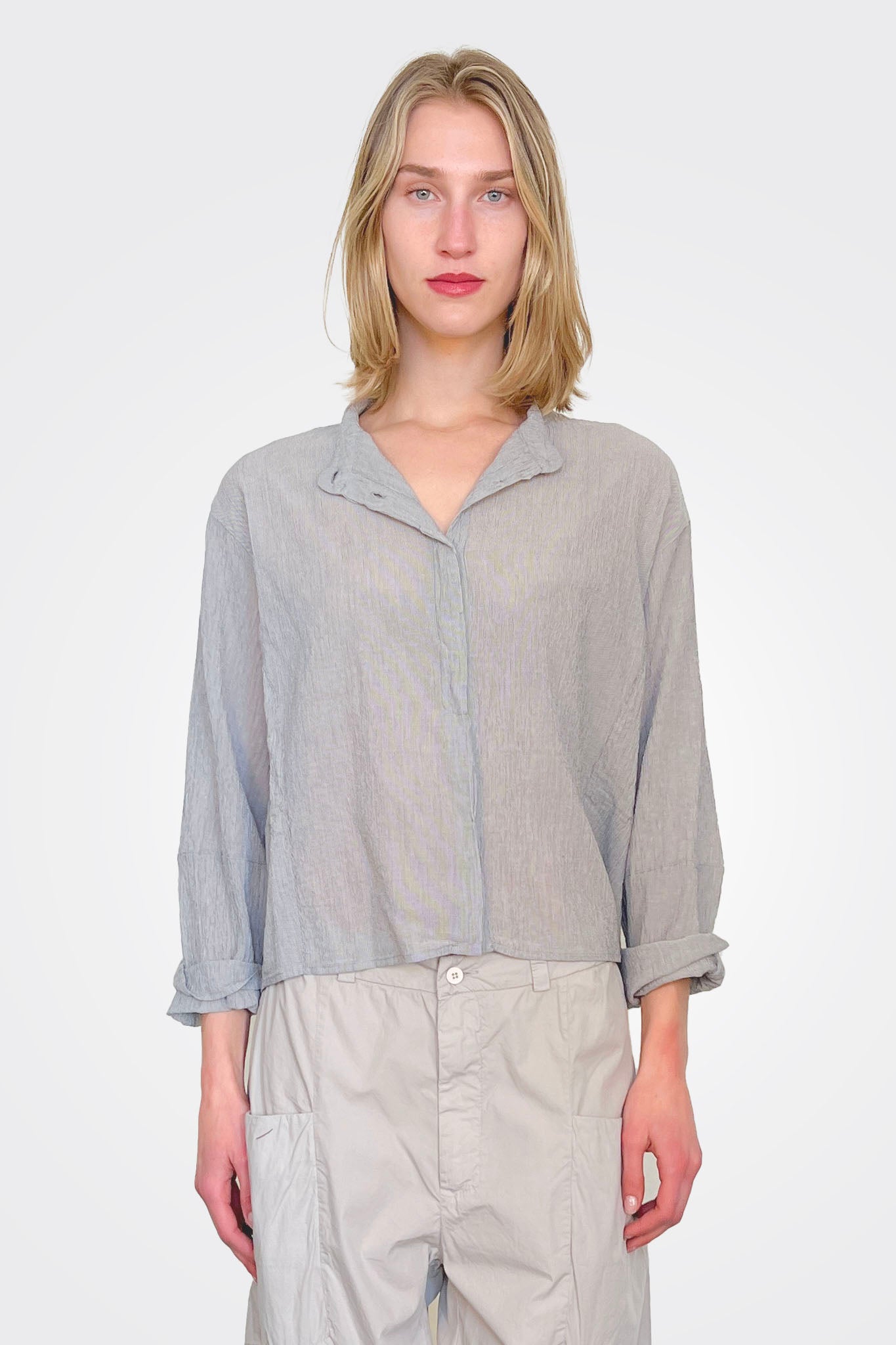 Collarless Shirt for Women - Pearl Grey Button Down Top | Office Wear & Casual Outfits