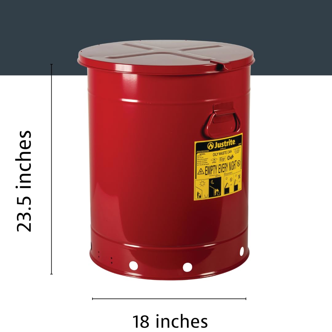 Justrite 21 Gallon Galvanized Steel Oily Waste Can with Self-Closing Lid - 23.5