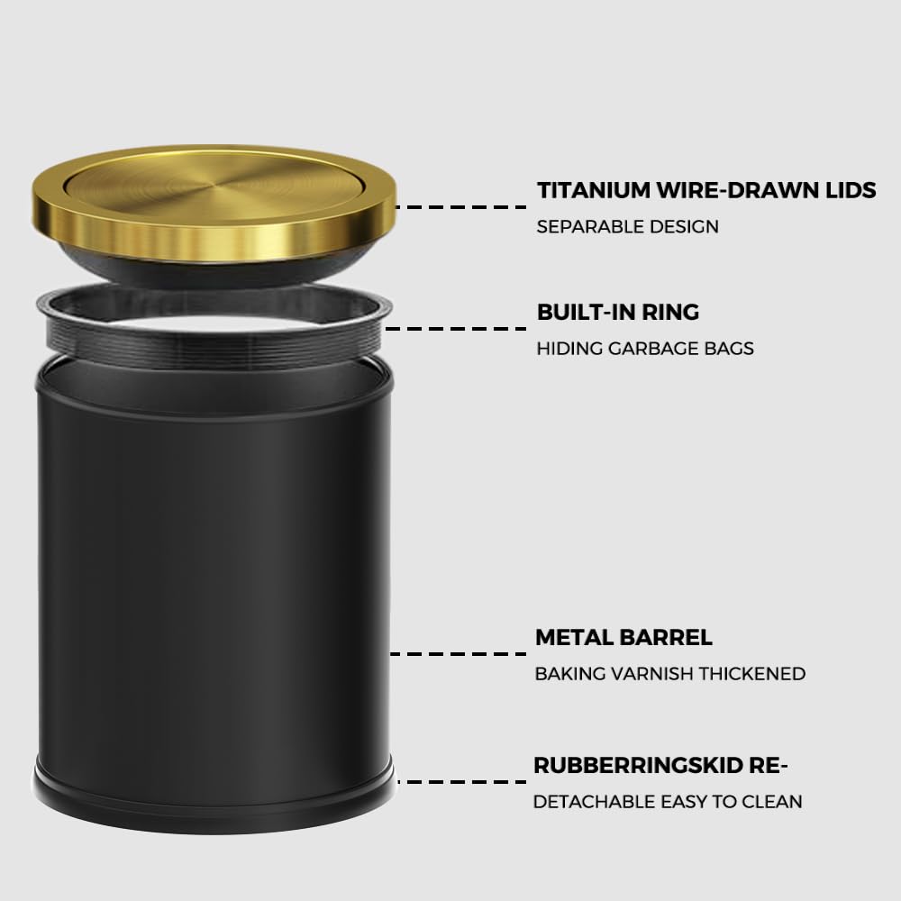 15L/4GAL Black and Gold Bathroom Trash Can with Flip Lid - Odor Control Waste Bin for Bathroom, Kitchen, Office & Hotel - Elegant Touch for Home, Living Room & Commercial Spaces