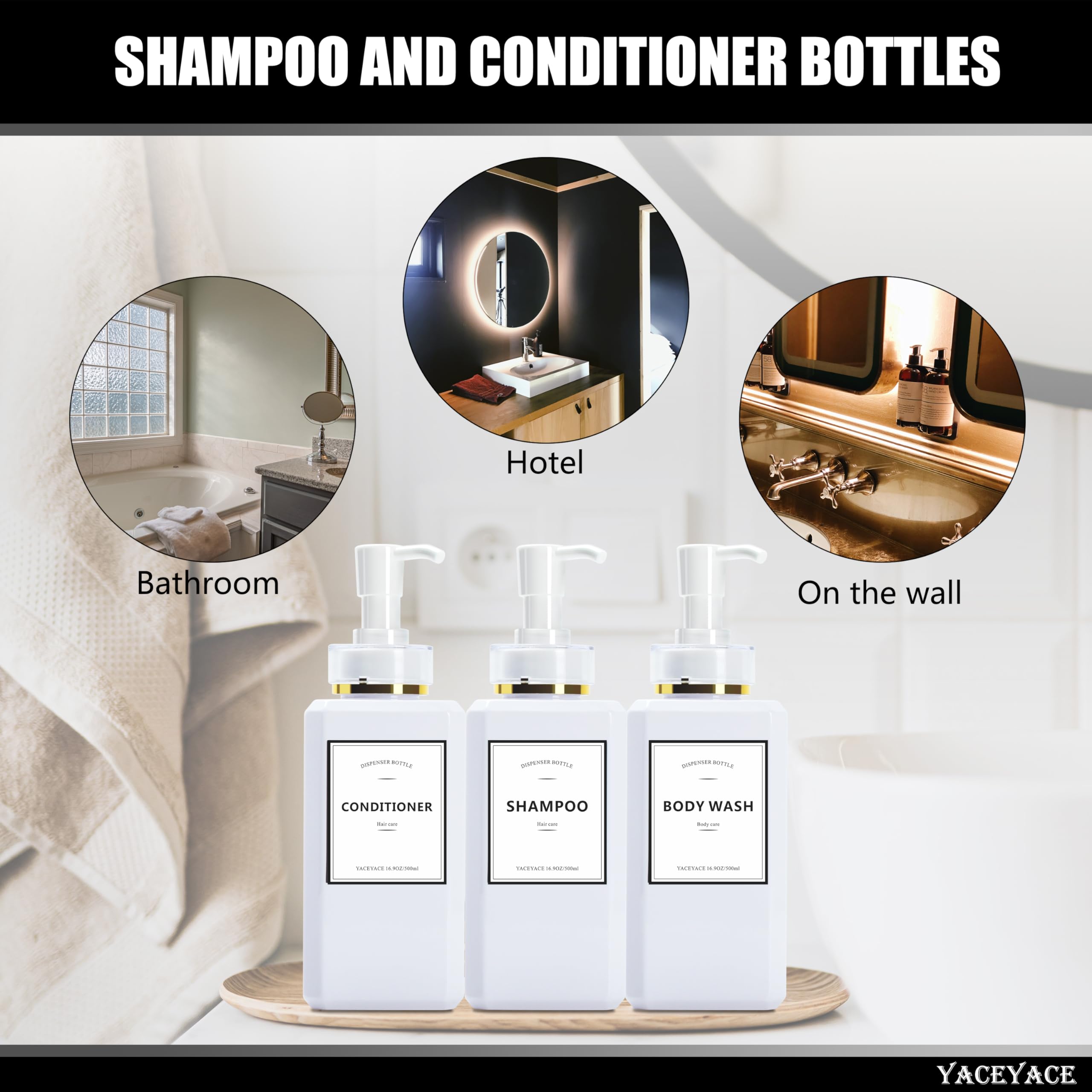 YACEYACE 16.9oz Refillable White Shampoo & Conditioner Dispenser Set of 3 - Elegant Empty Shower Bottles with Pump for Bathroom, Lotion, Soap - Perfect for Salon, Spa, Hotel & Home Bath Organization
