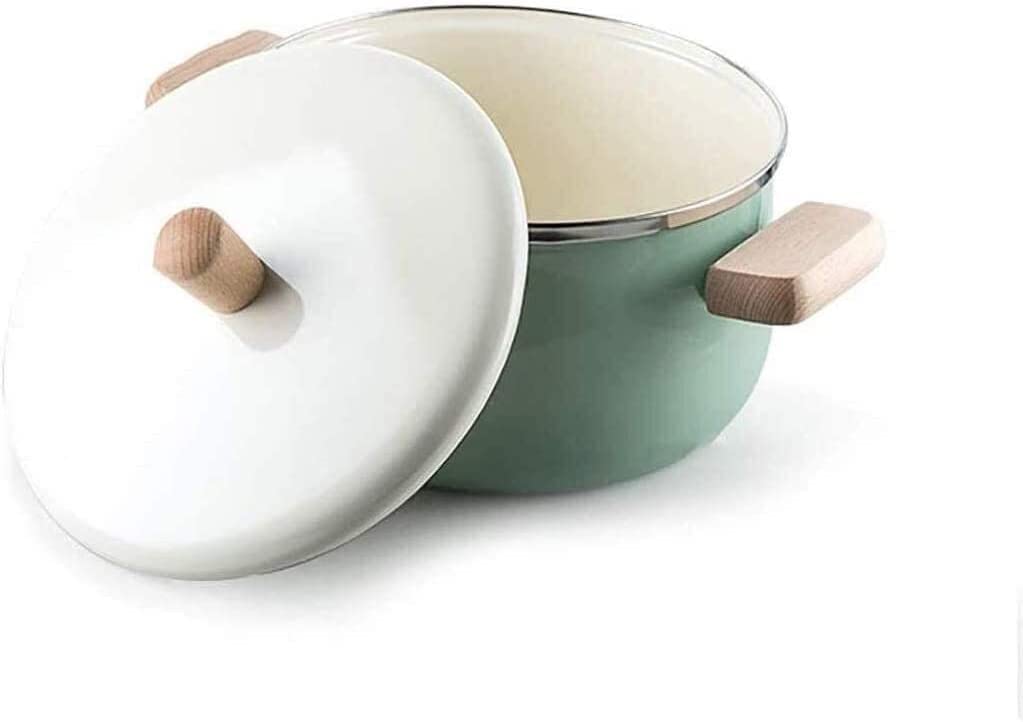 Enamel Milk Pot with Wooden Handle - Double Ear Small Soup Pot, Noodle Pot for Induction Cooker - Universal Green Pan for Cooking, Serving & Kitchen Decor