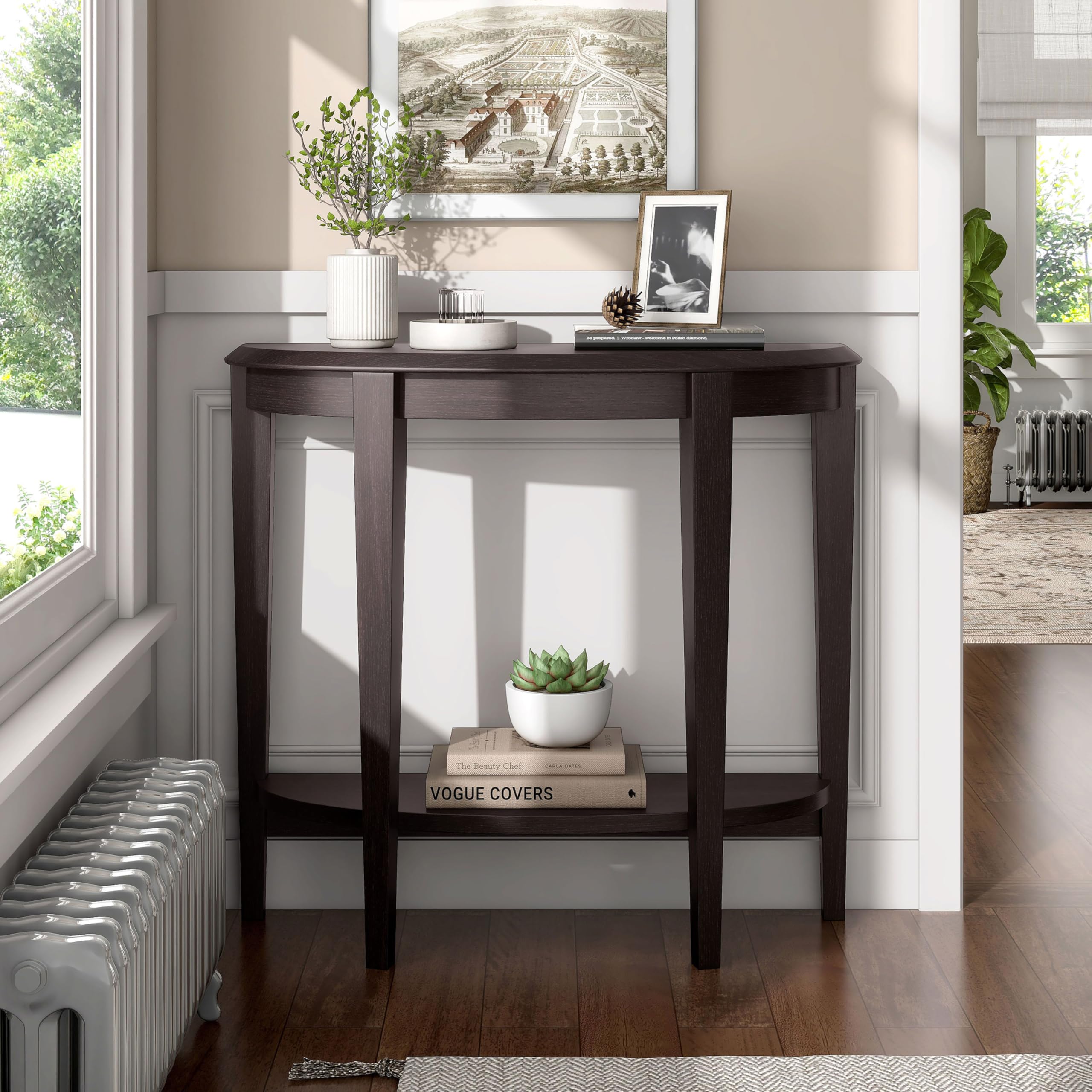 Payne Modern Half Moon Console Table with Storage Shelf - Entryway Furniture for Living Room, Hallway & Small Spaces - Cappuccino Finish - Perfect for Home Decor & Space Saving Solutions