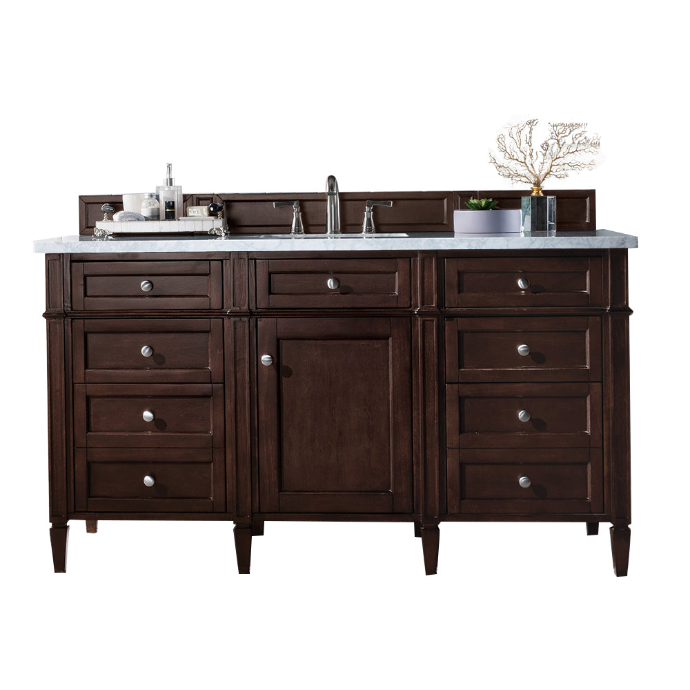 Brittany 60-Inch Burnished Mahogany Bathroom Vanity with 3CM Carrara Marble Top - Perfect for Master Bathroom & Powder Room Remodeling
