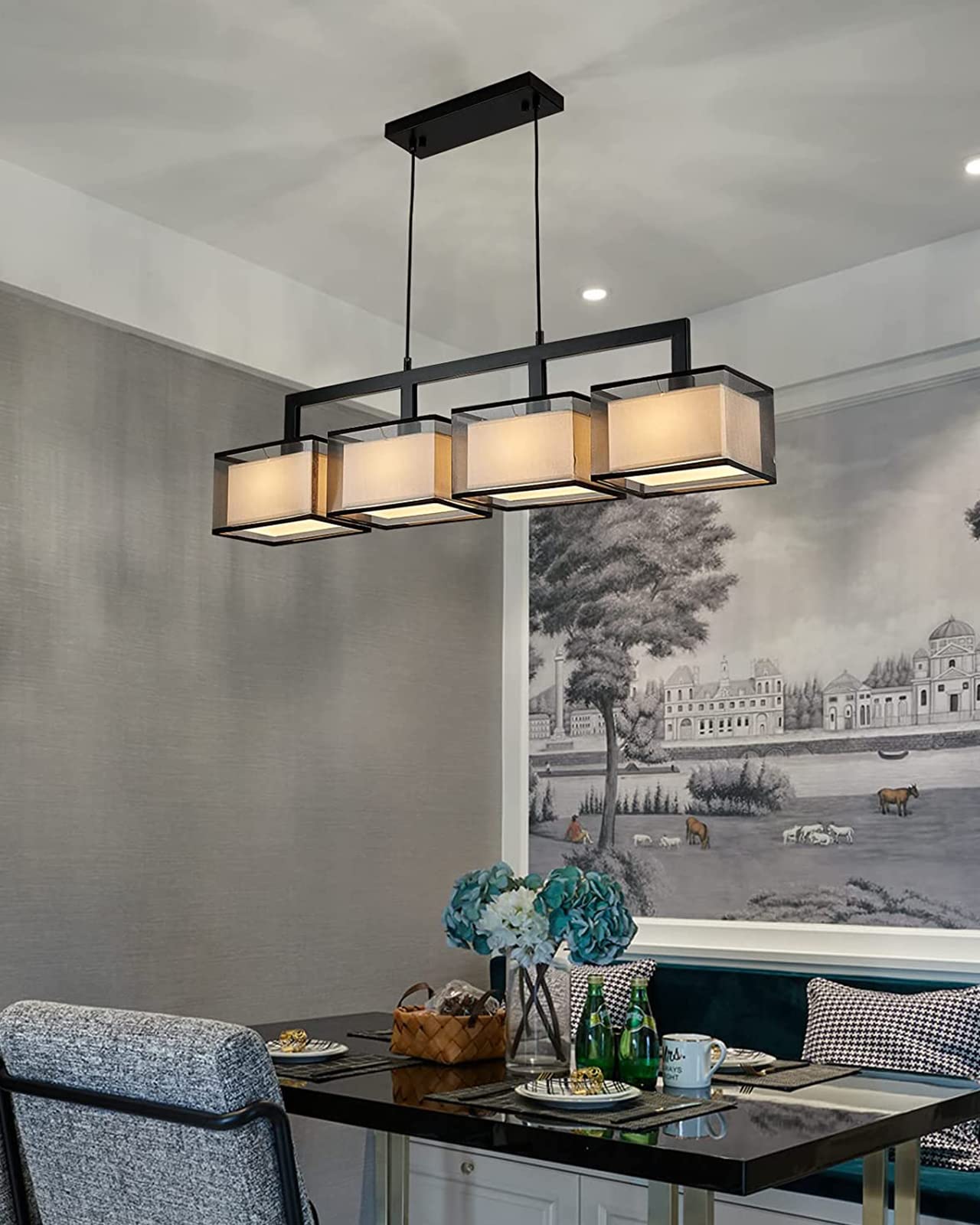 Modern Rectangular Chandelier - 4-Light Hanging Fixture with Adjustable Fabric Lampshade for Dining Room, Living Room & Restaurant Decor | Black Finish | Elegant Lighting Solution for Home & Commercial Spaces