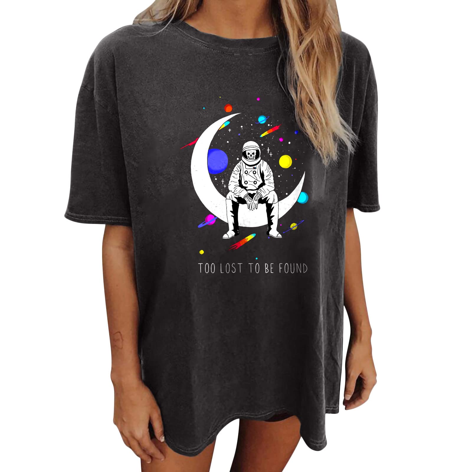 Trendy Women's Summer Short Sleeve T-Shirt - Oversized Distressed Raglan Top with Moon & Sun Print | Casual Crew Neck Pullover for Beach, Travel & Everyday Wear