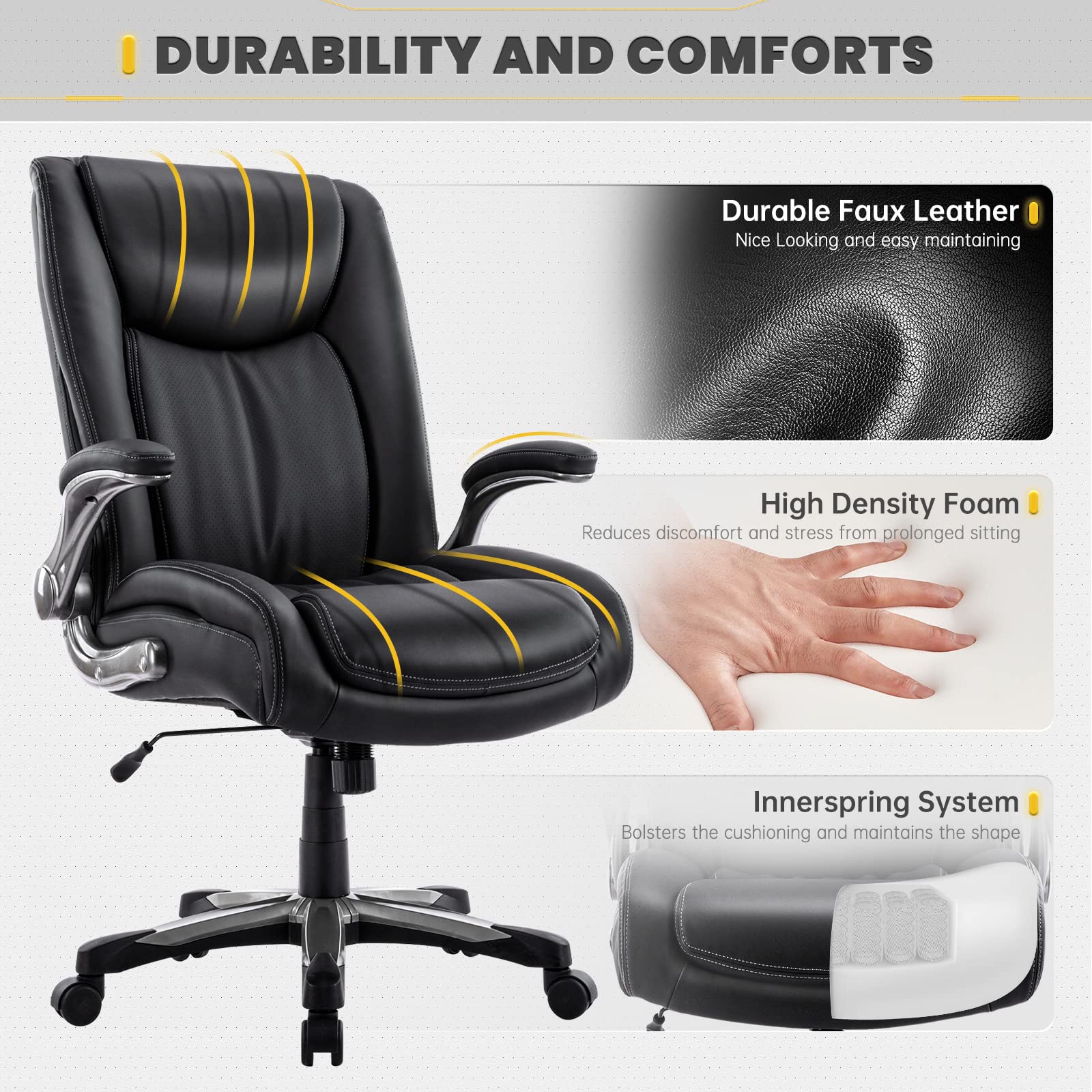 COLAMY Big and Tall Office Chair 400lbs Heavy Duty - High Back Executive Desk Chair with Flip-Up Arms & Wide Seat for Home Office - Ergonomic Computer Chair for Large Men - Perfect for Long Work Hours & Gaming Sessions (Black)