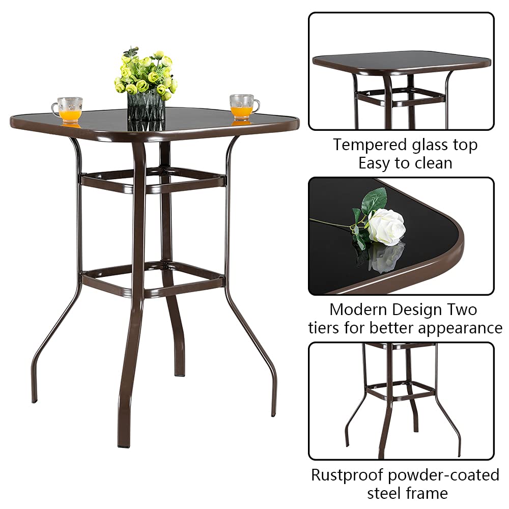 **Outdoor Bar Table - 36 Inch Square High Top Bistro Table with Metal Frame & Tempered Glass Top - Patio Pub Table for Deck, Poolside, Garden, Porch - Perfect for Outdoor Dining & Entertaining (Brown)**