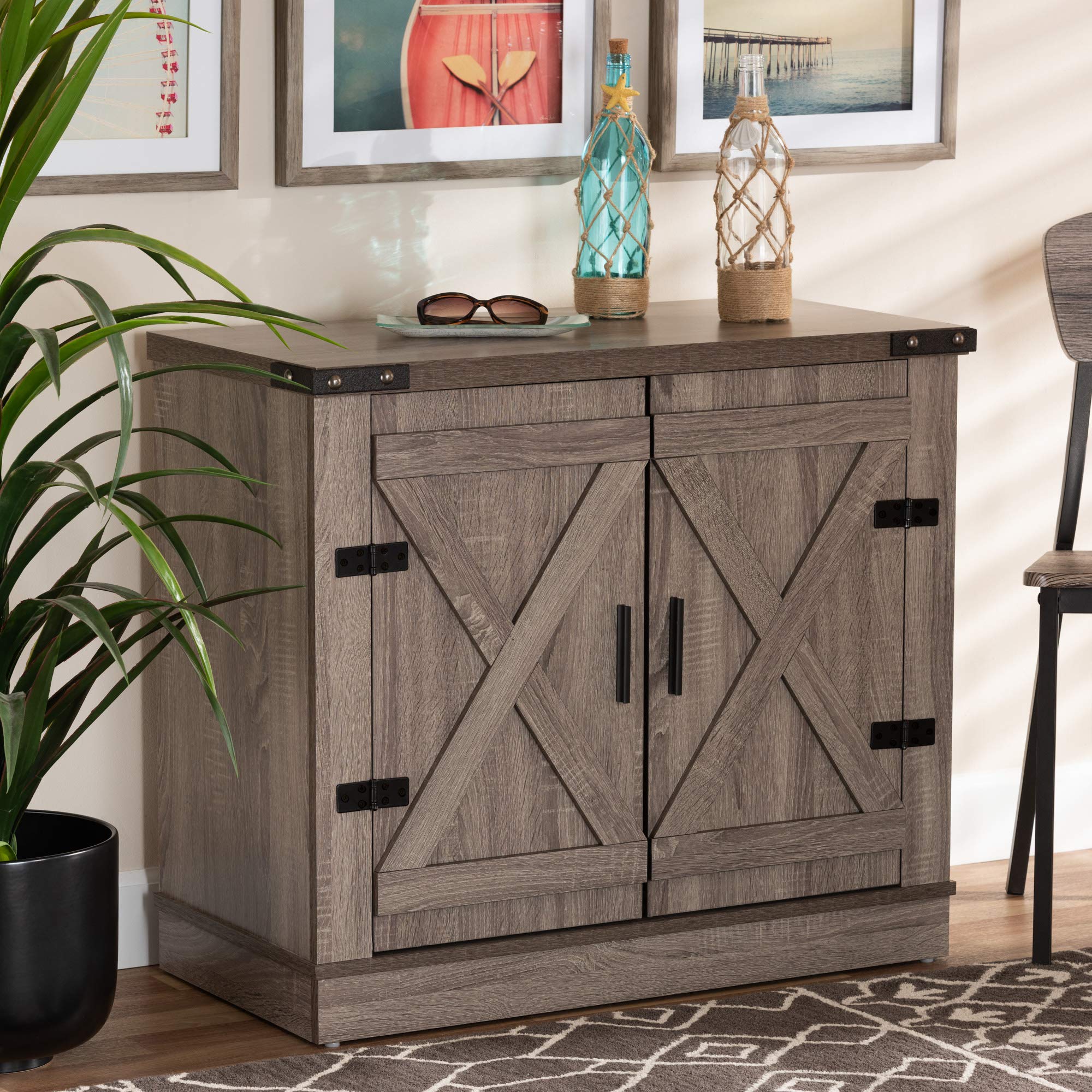 Baxton Studio Wayne Modern Farmhouse Shoe Storage Cabinet - 2-Door Oak Wood Cabinet with Brown Finish | Perfect for Entryway, Mudroom & Closet Organization